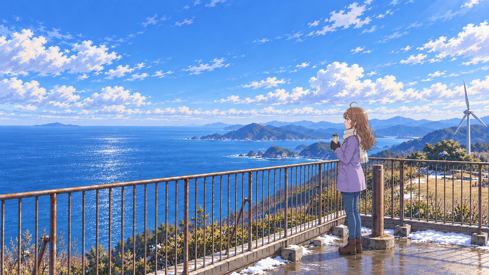A sunny February day at a Senjojiki lookout. A woman in a lavender coat that ends above the knee, ivory scarf, jeans, gloves, and black ankle boots stands inside a metal railing, holding an insulated flask in both hands as she looks out at the Sea of Japan. A little snow remains along the edge of the platform; the sea is to the left, islands and a peninsula stretch across the center and right, and a wind turbine stands at the far right.