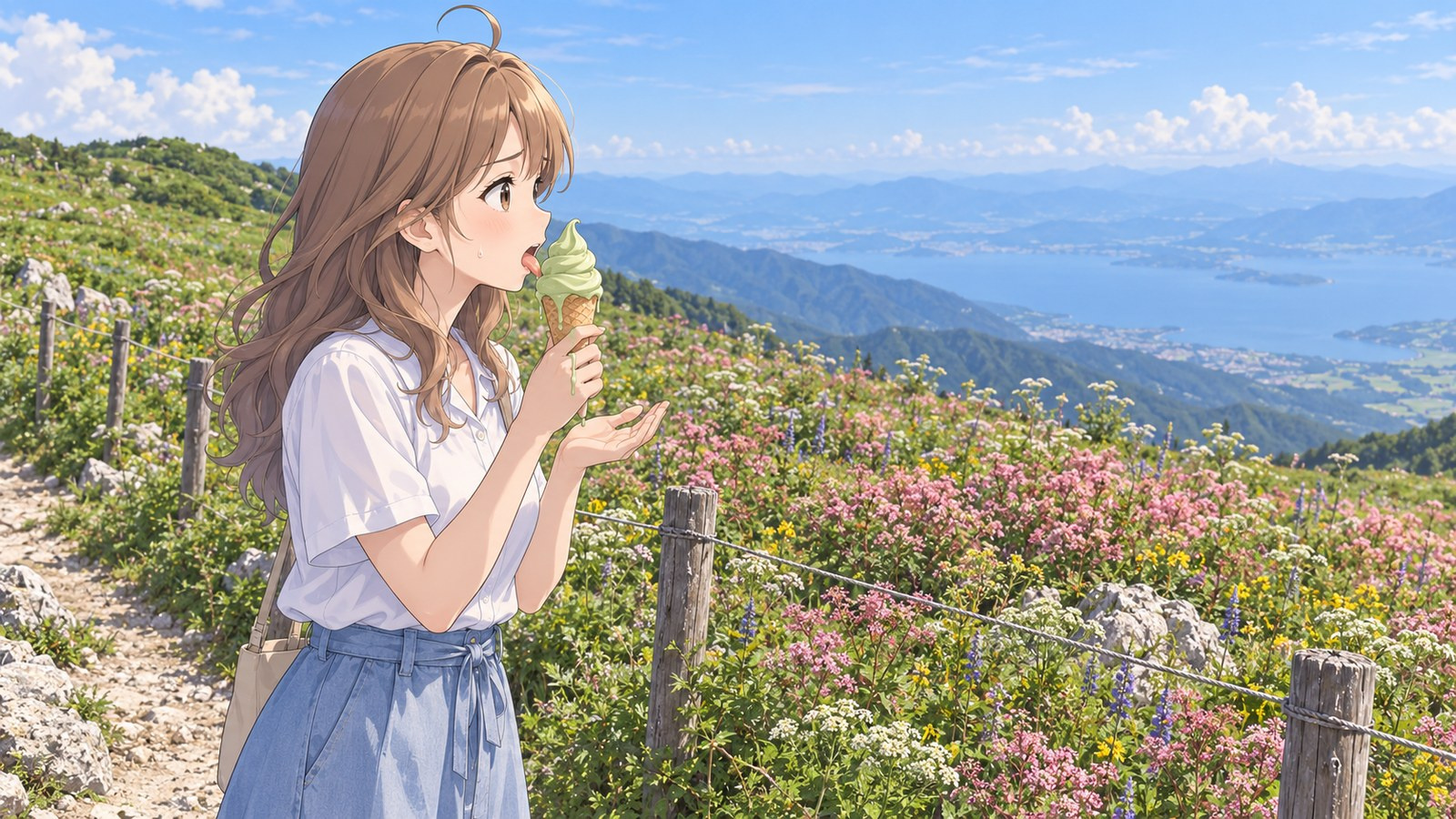 A woman on a summer trail on Mt. Ibuki holds herb soft serve near her mouth, looking flustered. Beyond a rope fence are flower fields and Lake Biwa.