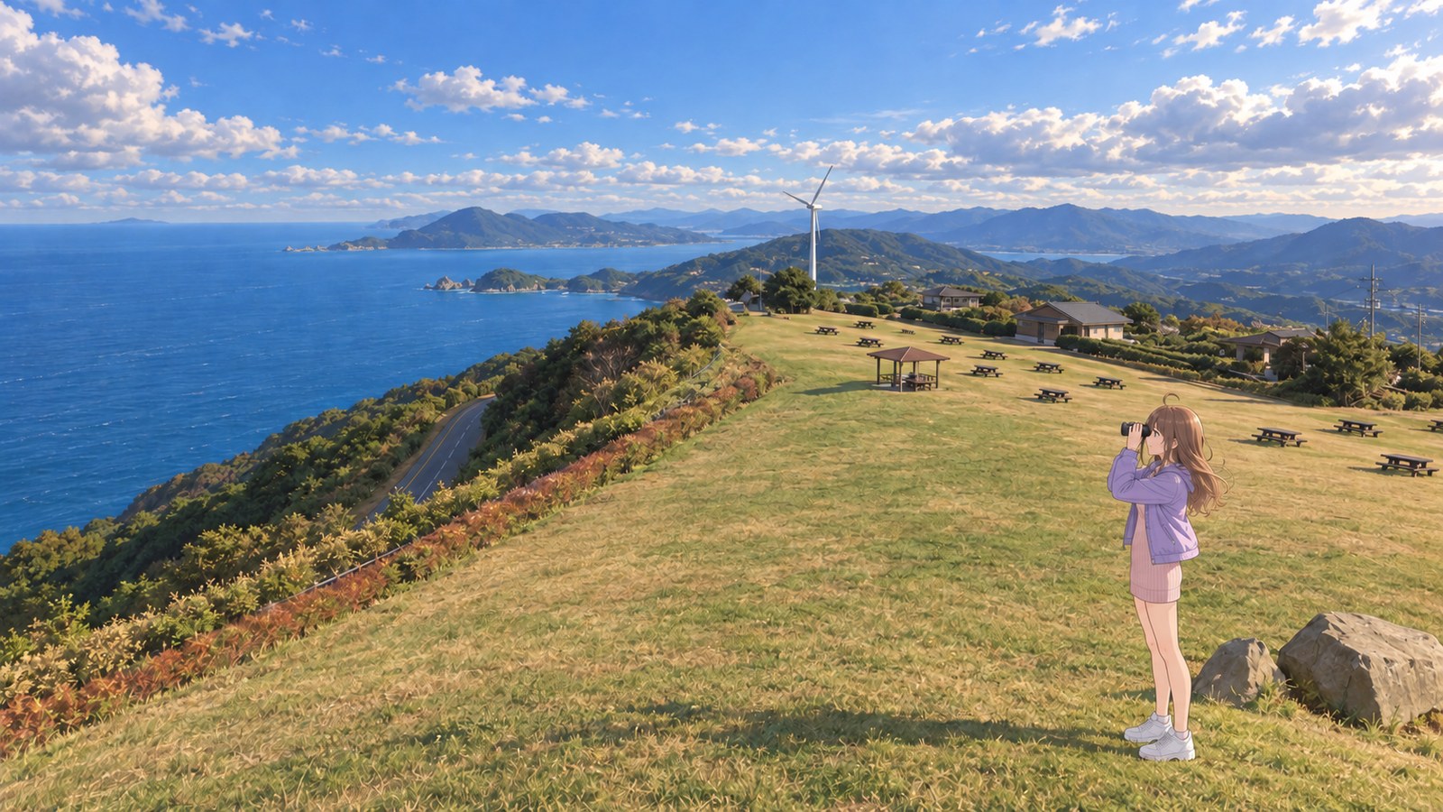 The grassland at Senjojiki in October. A woman in a pale pink rib-knit minidress, lavender jacket, opaque tights, and white sneakers holds small binoculars to her eyes and looks at the islands in the Sea of Japan. The sea is to the left; to the right are grassland with dry patches, a table, and a hut, with a wind turbine in the distance.