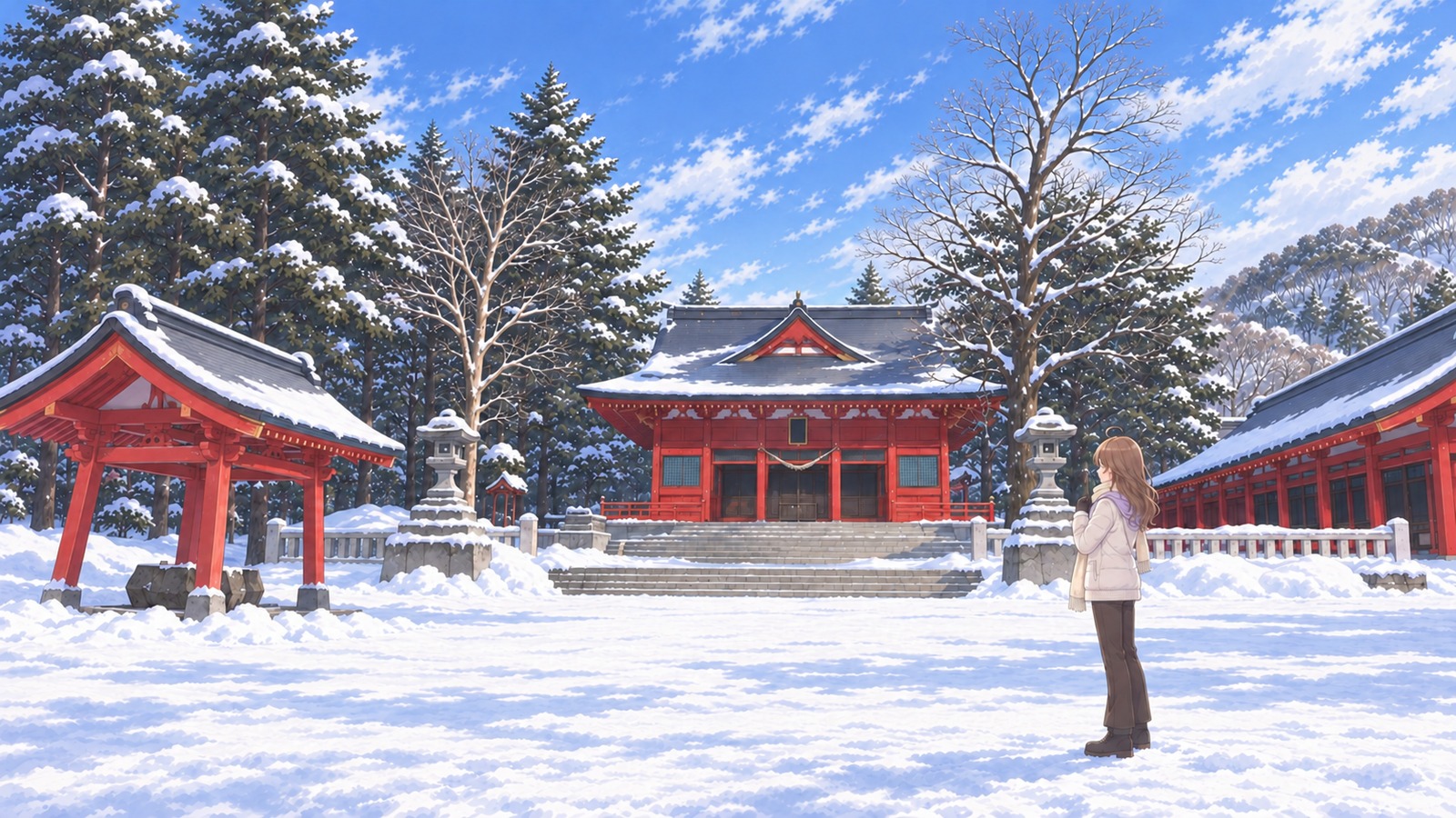 雪に包まれた赤城神社の境内で、白い中綿コートとパンツ、マフラーとブーツ姿の主人公が横顔で社殿を見上げる。屋根と周りの木々に雪が積もっている