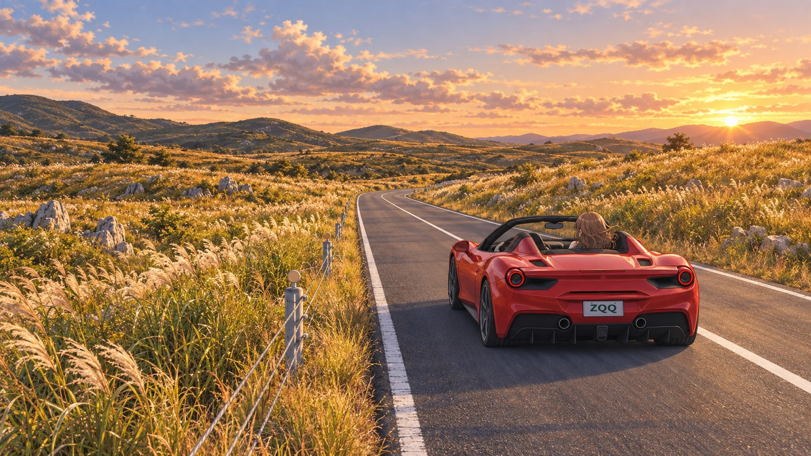 In autumn, a red open-top car drives through Akiyoshidai’s grassland dotted with white limestone, under the evening sun.