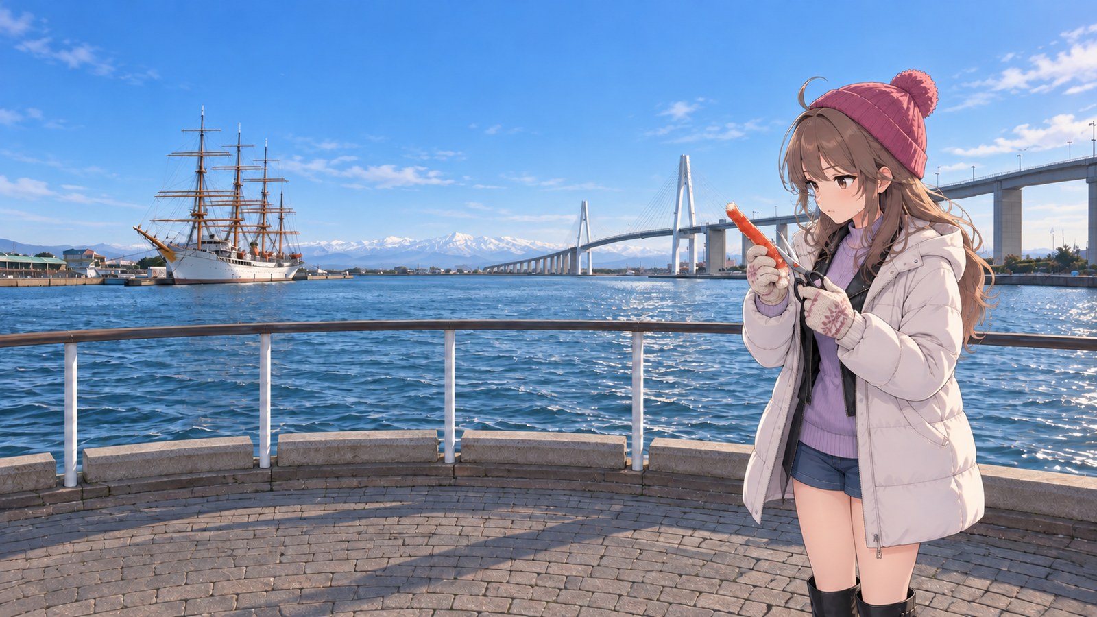 A woman carefully choosing where to cut a red snow crab leg with scissors, with the two white towers of Shinminato Bridge, a sailing ship and the snow-covered Tateyama Range behind her.