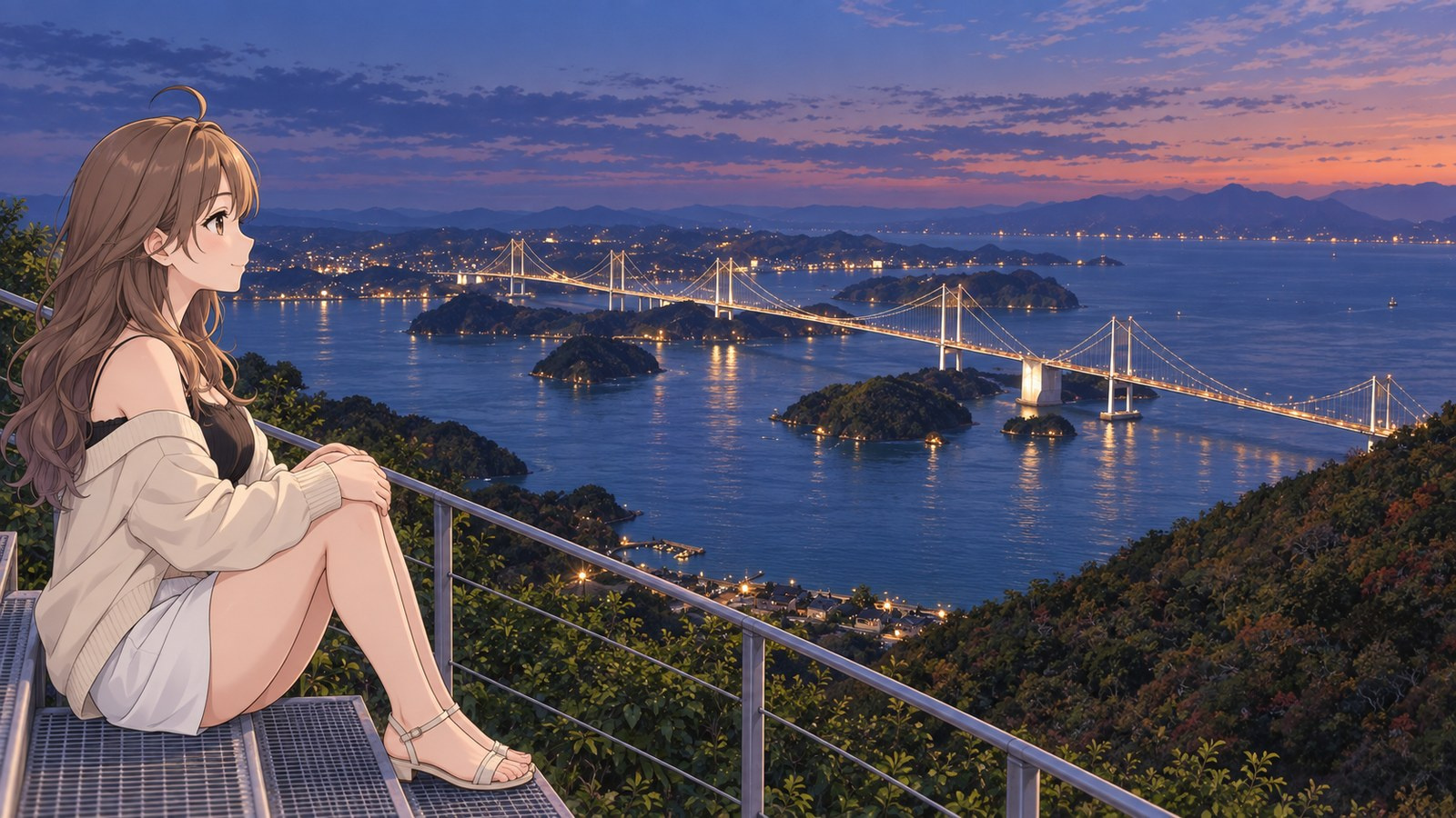 A woman sits sideways on a narrow metal staircase on Kirosan at dusk, hands folded over her knees as she watches the lights of the Kurushima-Kaikyo Bridge.