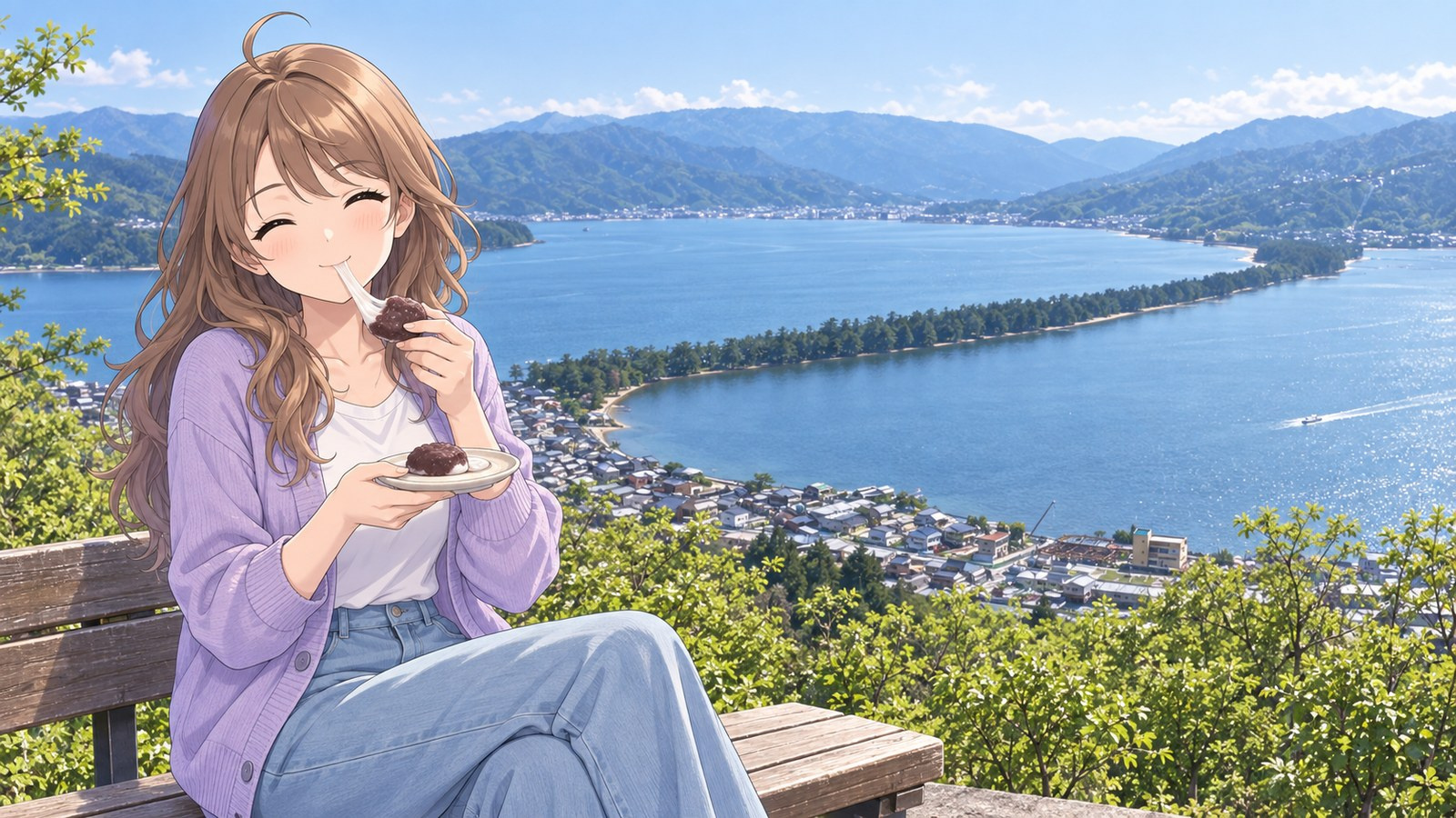 At Kasamatsu Park in spring, the narrator holds Chie no Mochi in front of Amanohashidate and laughs as the mochi stretches