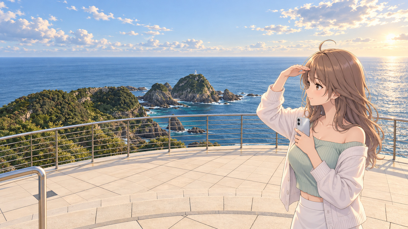 At the Cape Sata lookout in autumn, a woman holds a smartphone in one hand and shades her eyes with the other as she looks toward Cape Sata Lighthouse offshore