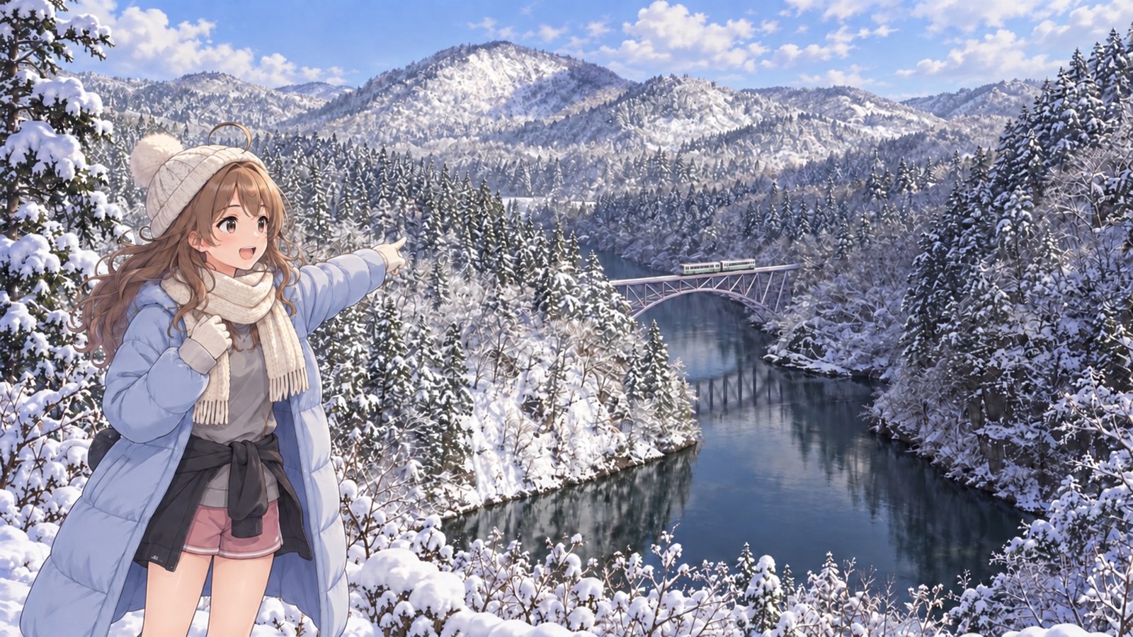 A woman at a hillside lookout points excitedly at a 2-car train crossing an arch bridge over the snowy Tadami River, reflected in the water
