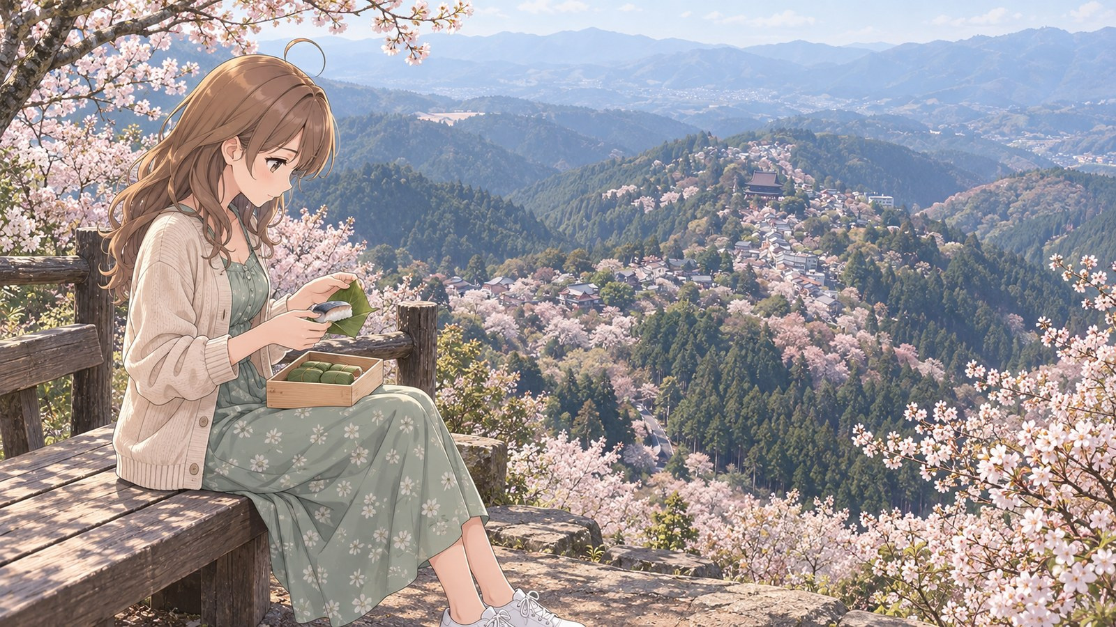 A woman sits on a bench, carefully unwrapping persimmon-leaf sushi, with Mt. Yoshino's layered cherry blossoms and the broad roof of Kinpusen-ji Temple behind her