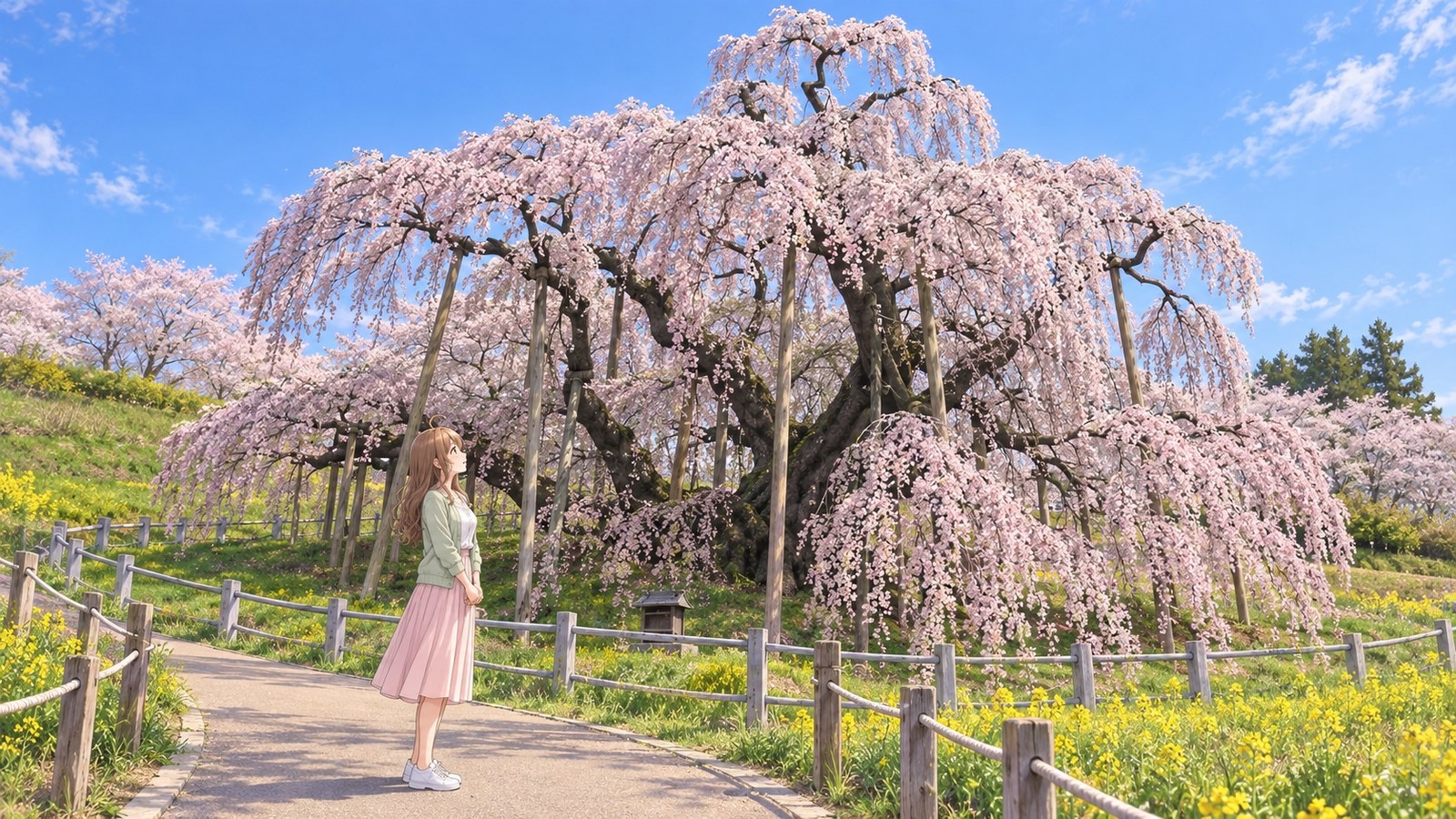 Miharu Takizakura in full bloom, its long branches cascading like a waterfall above rapeseed flowers. The narrator stands on the viewing path with her hands clasped in front of her waist, quietly looking up.