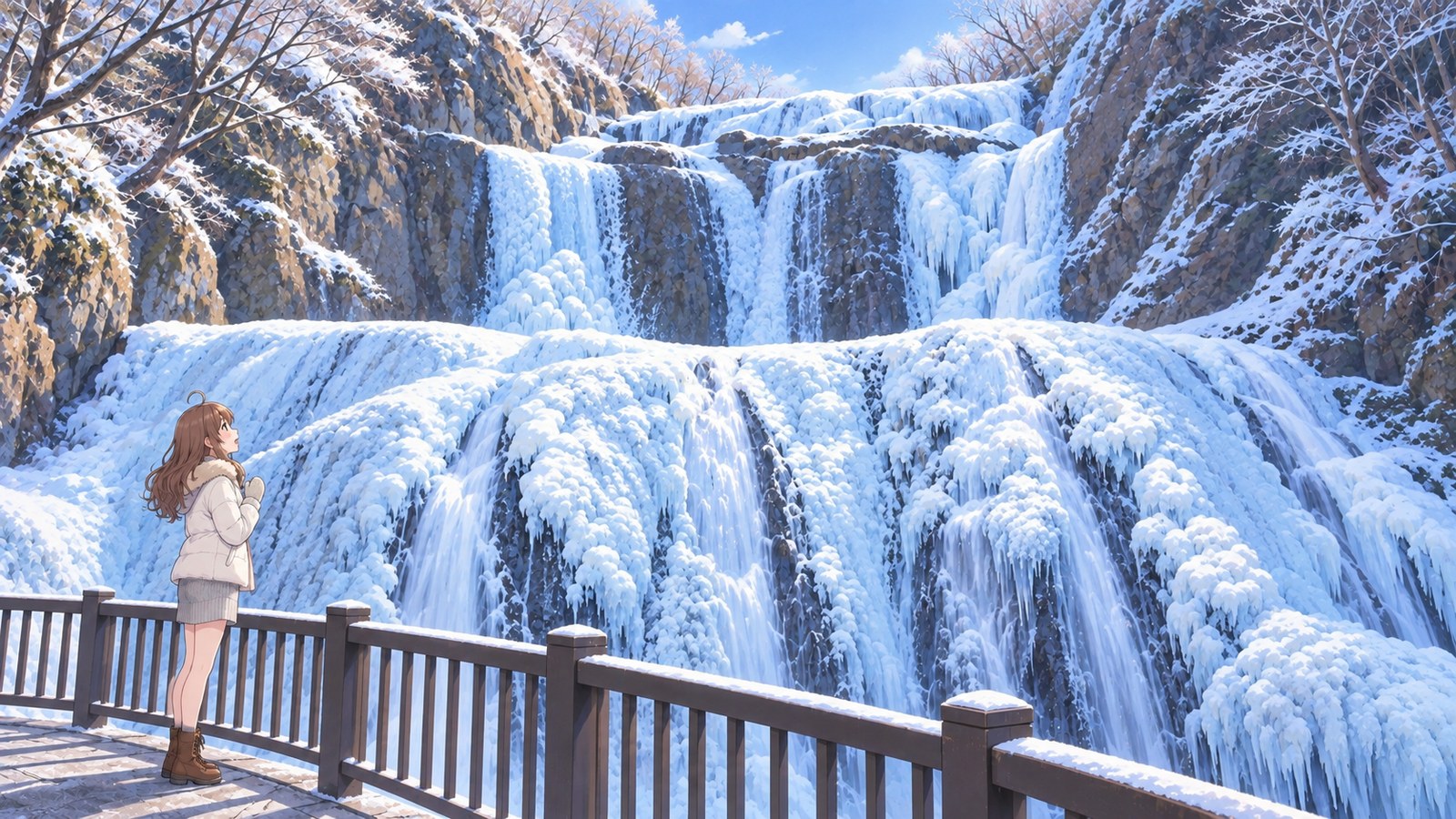 The heroine stands on the viewing platform in winter, mouth open as she looks up at the white ice covering Fukuroda Falls’ four tiers.