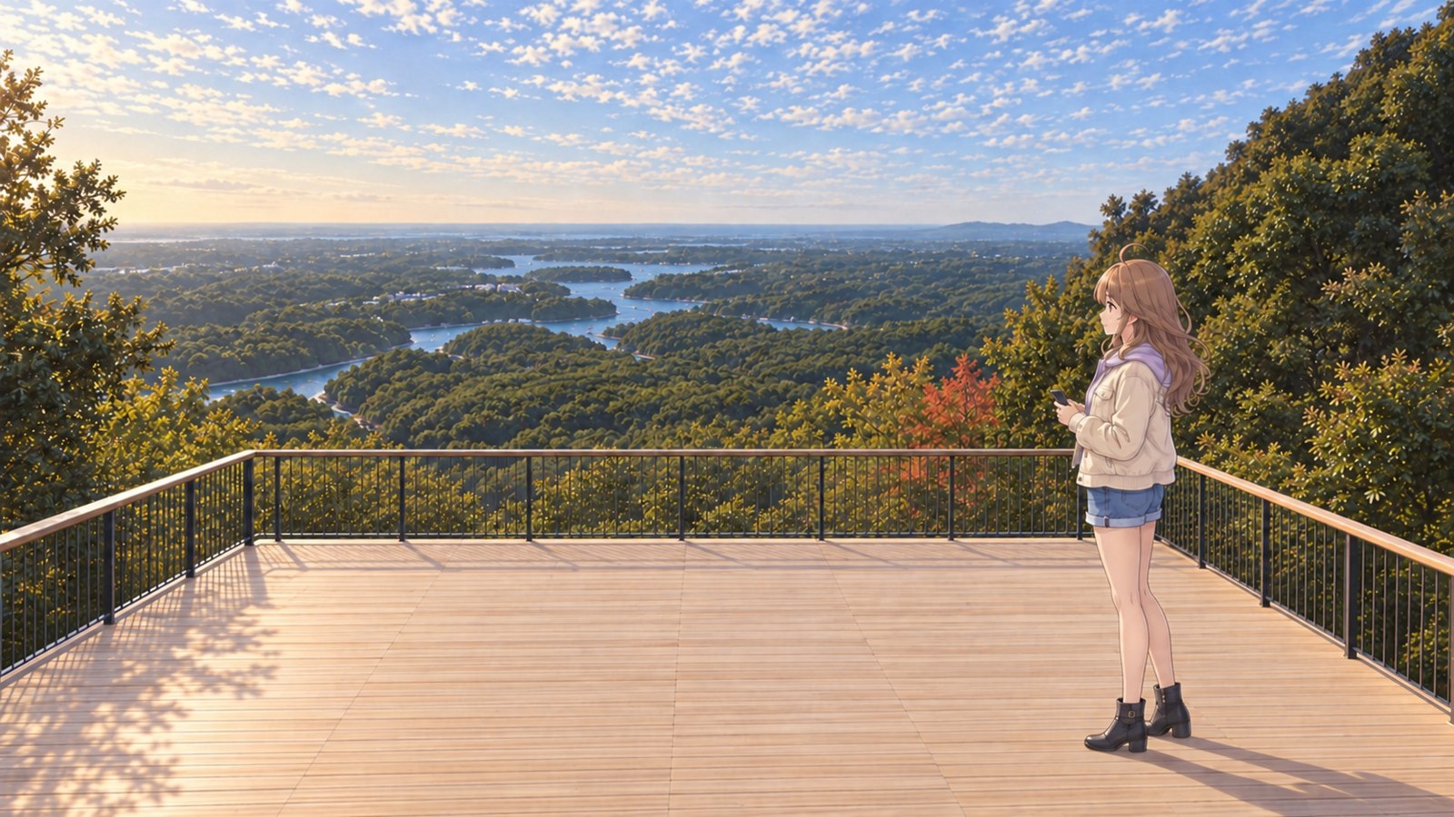 At Yokoyama Observatory in November, a woman in a short cream jacket, lavender hoodie, denim shorts, opaque tights and black boots lowers her phone as she looks out over Ago Bay beneath a sky of fish-scale clouds.