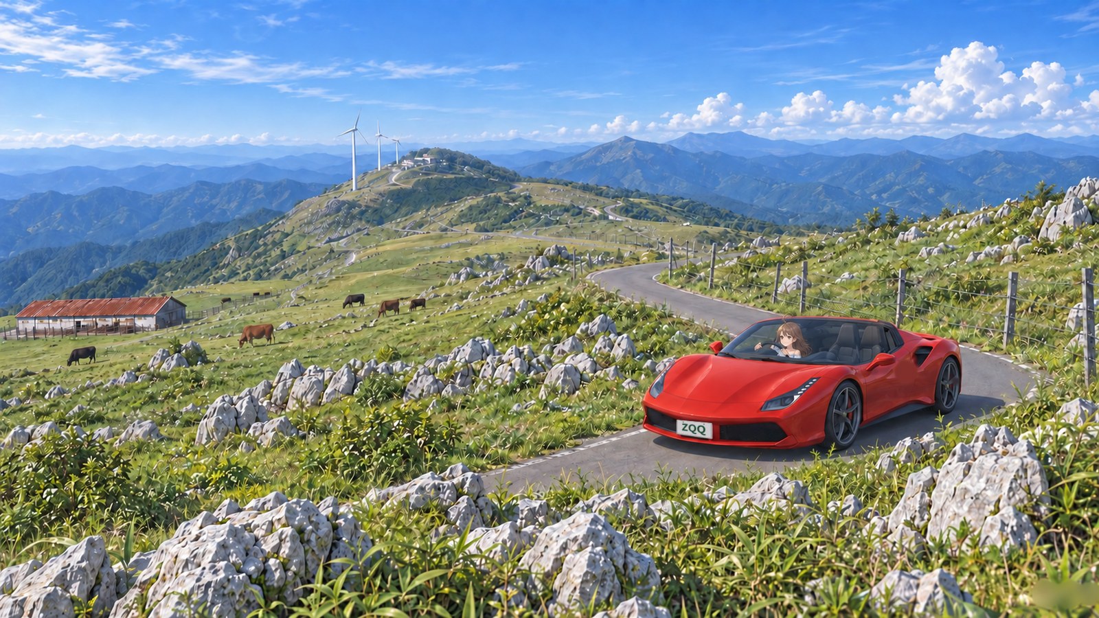 A woman in a red convertible drives round a bend between limestone rocks and pasture at Shikoku Karst in summer, looking ahead with both hands on the wheel.