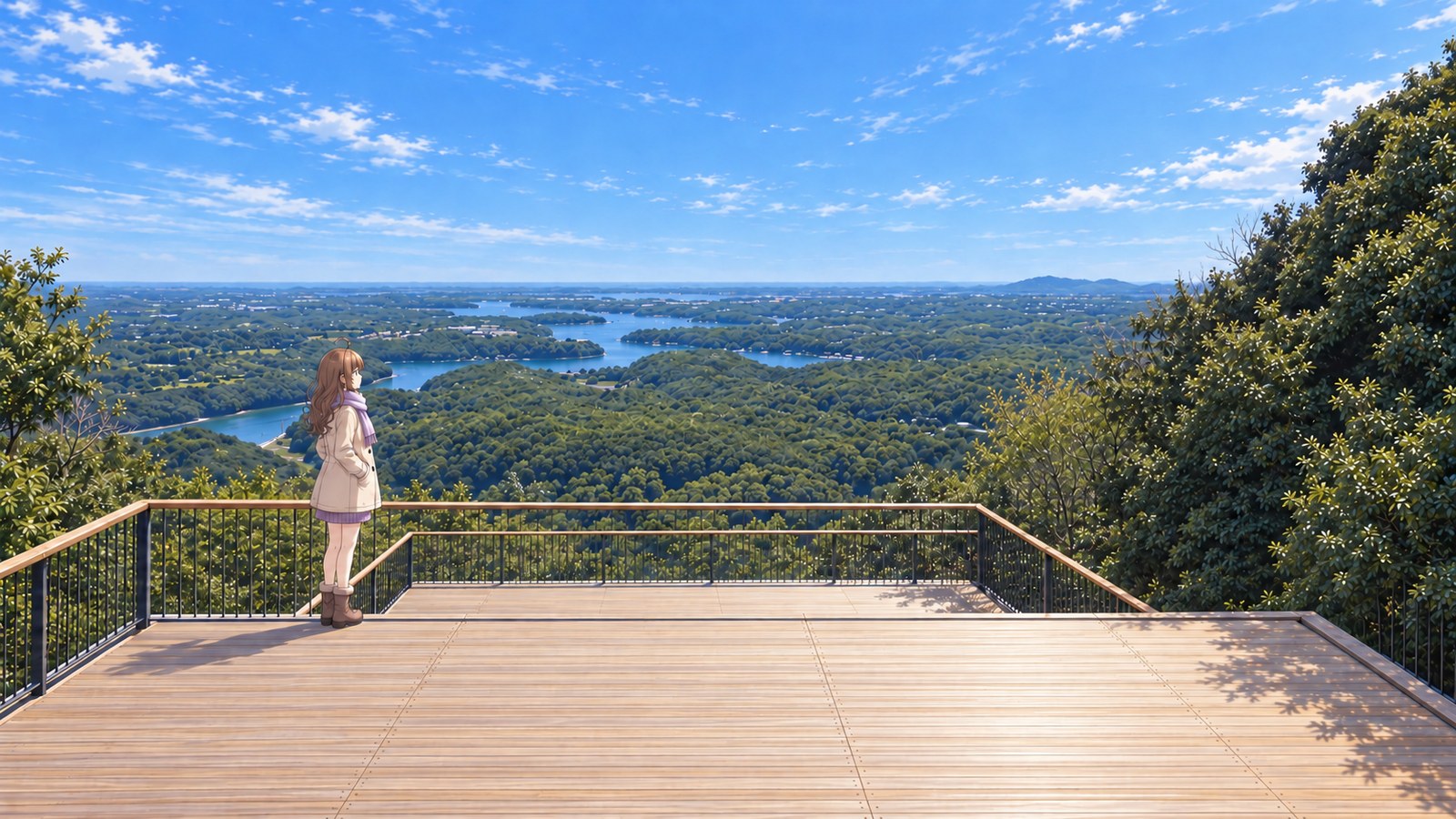 On a clear winter day at Yokoyama Observatory, a woman wearing a cream coat, lavender scarf, opaque tights and winter boots, with the hem of her knit top showing stands with both hands in her pockets, looking out over Ago Bay toward the distant horizon.