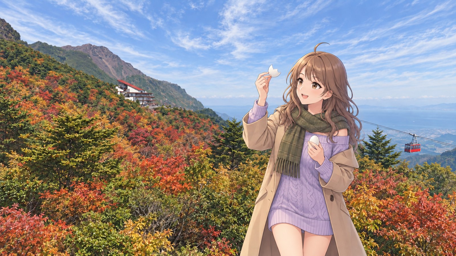 The narrator smiles, holding up the neatly peeled shell of a hot-spring egg, with autumn leaves at Nita Pass behind her.