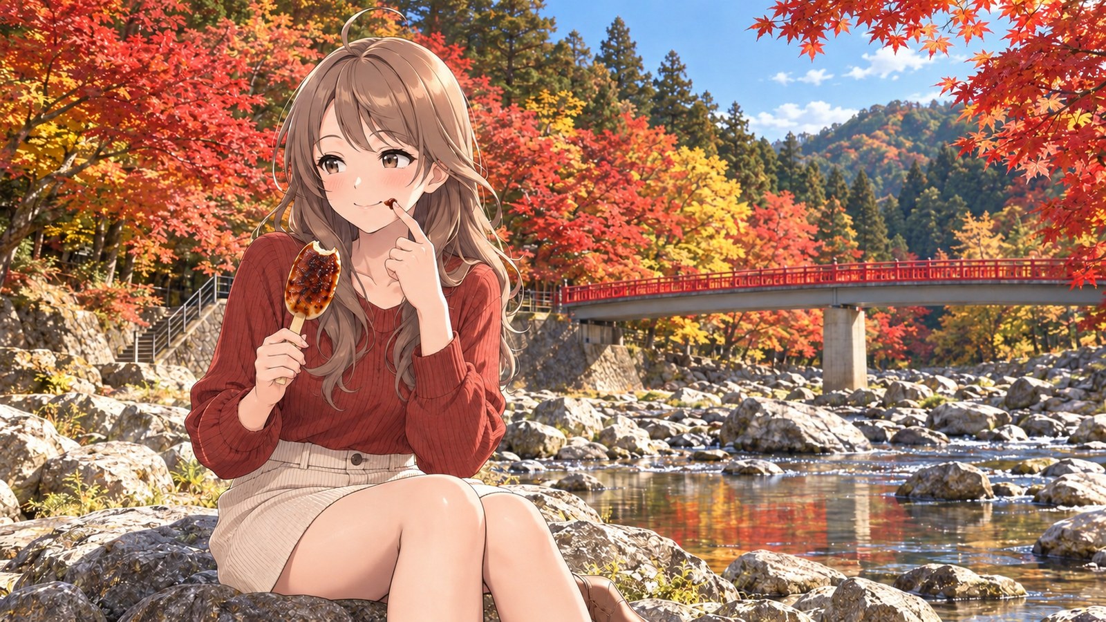 A woman holds a skewer of gohei-mochi and smiles shyly, touching the sauce at the corner of her mouth, with autumn foliage and the vermilion Taigetsu Bridge behind her.