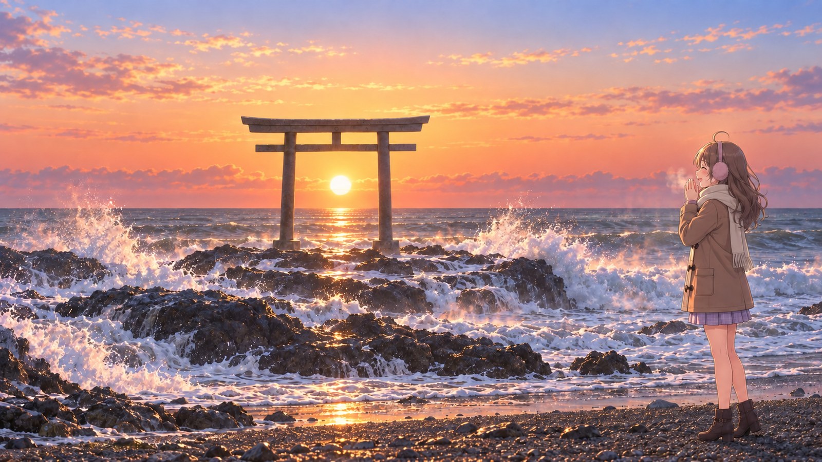 Sunrise beyond the Kamiiso Torii on a rocky reef, with white waves breaking against the rocks. A woman stands with her hands pressed together in prayer, her breath visible in the cold air.