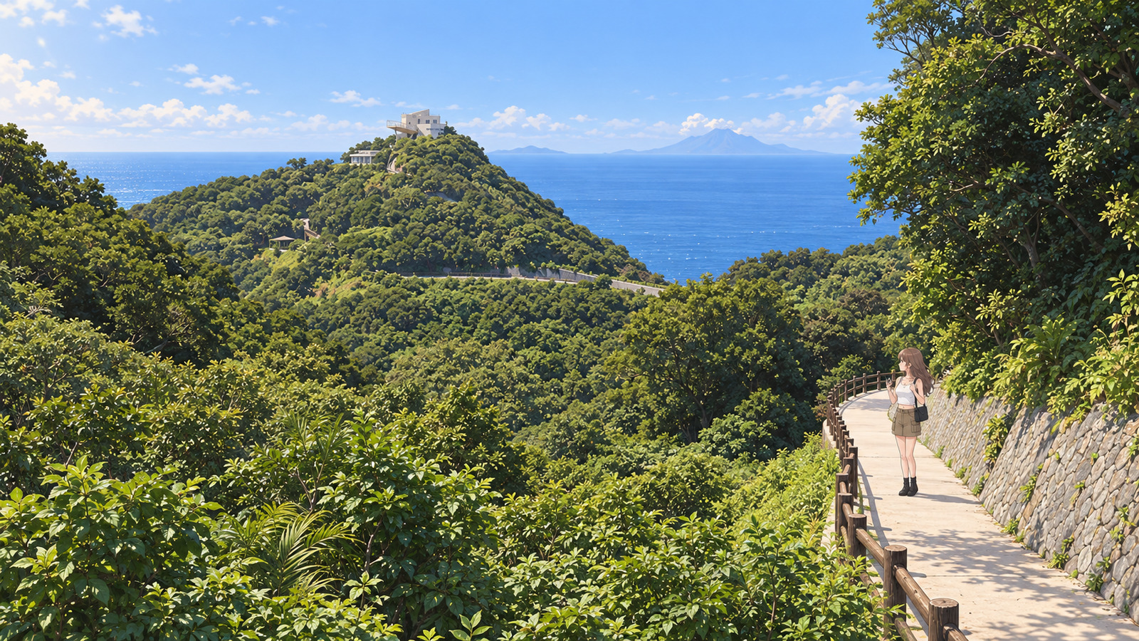 On the Cape Sata trail in spring, a woman with a smartphone and shoulder bag looks up at the observation complex across a valley