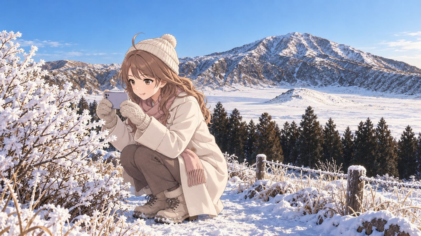 雪と樹氷で真っ白な冬の草千里で、しゃがんで霜の枝をスマホで撮る主人公