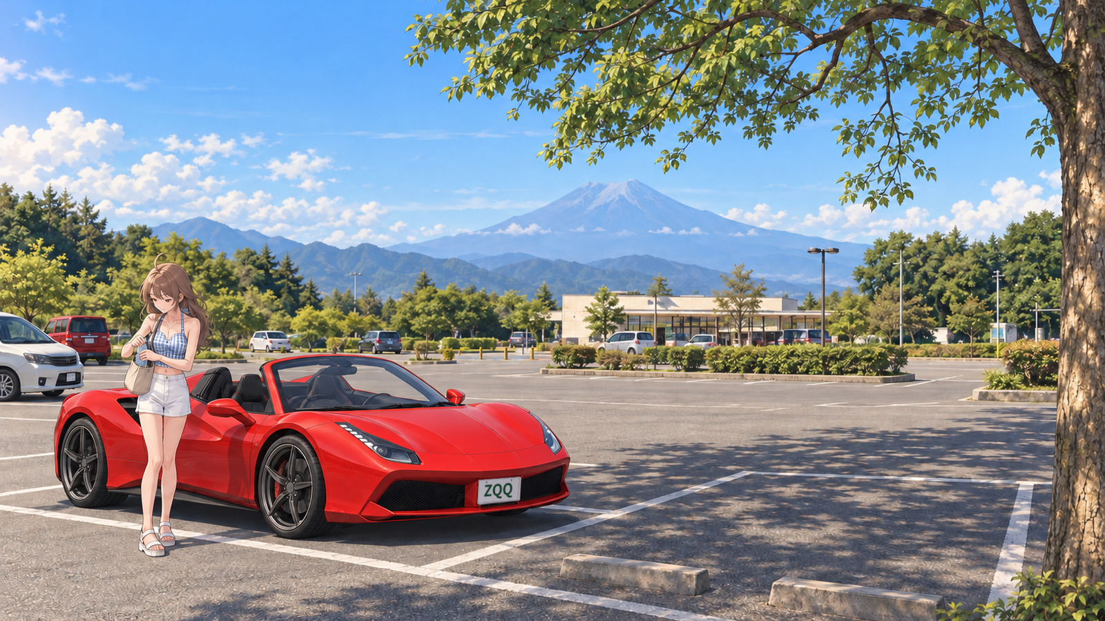 In summer, in the car park at Nihondaira, a woman wears a pale blue gingham top, white shorts and white sandals as she takes a water bottle from her shoulder bag beside a red convertible. Leaf shadows fall nearby; a low building and Mount Fuji are in the distance.