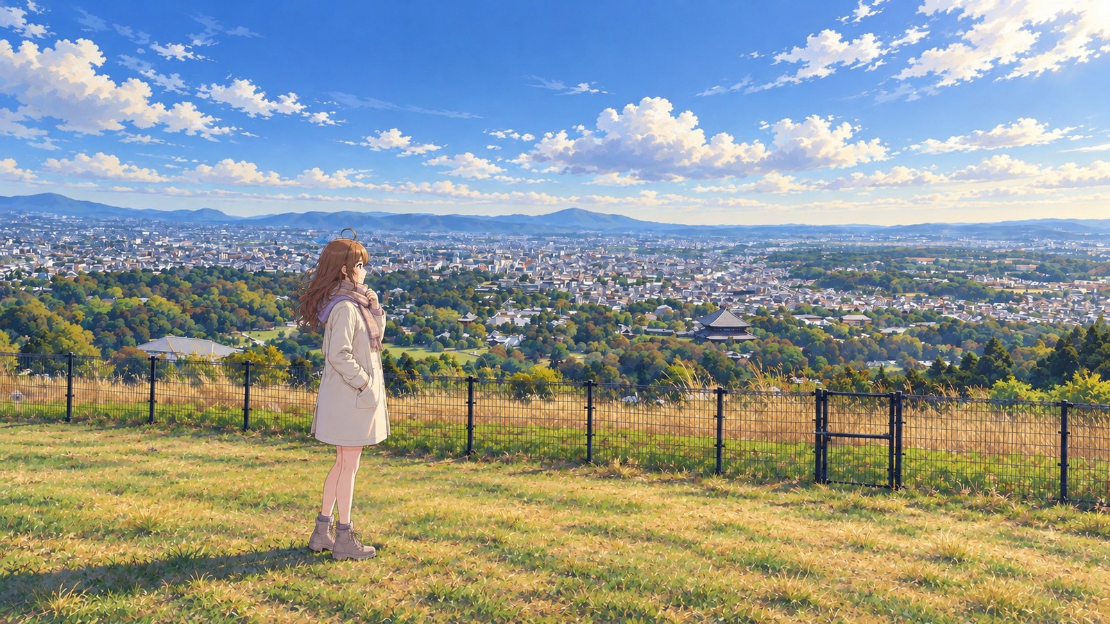 At the Wakakusayama summit viewpoint on a snow-free winter day, a woman in a cream coat, scarf, tights and boots looks out over the Nara Basin and distant mountains
