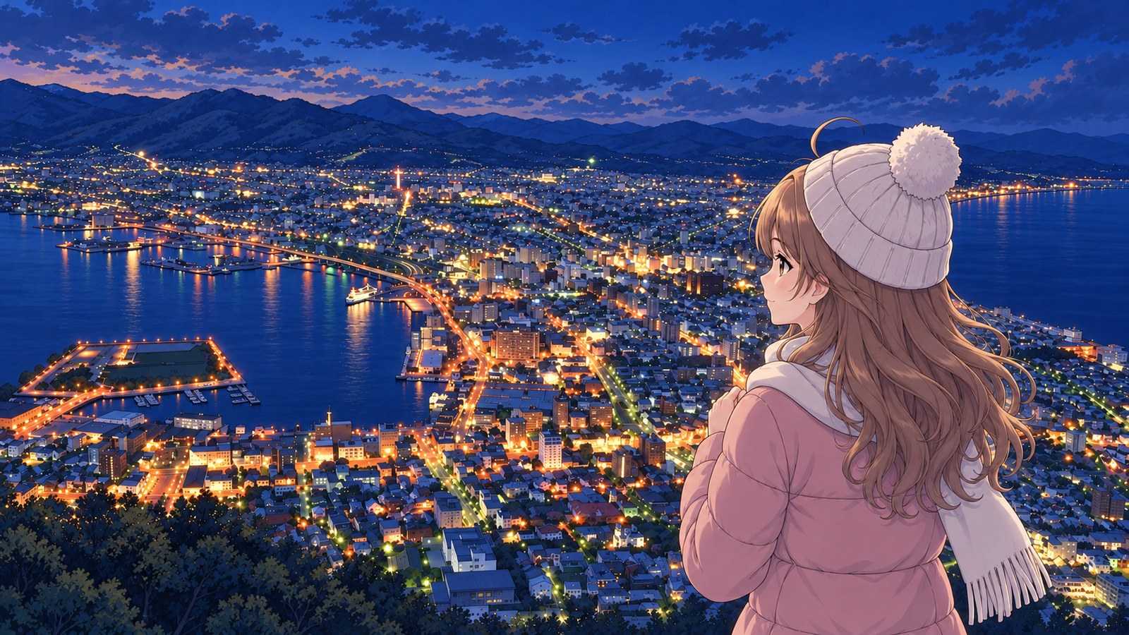A woman in a winter coat, seen from behind at an angle, gazes at Hakodate’s night view between Hakodate Bay and the Tsugaru Strait, her hands clasped in front of her chest.
