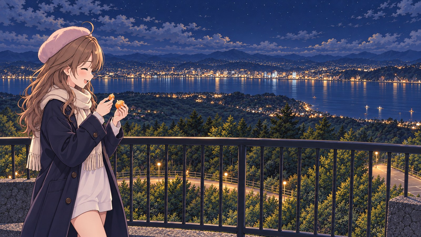 A woman laughs as she pinches a tiny Sakurajima komikan segment between her fingertips, with Kagoshima City's night lights across Kinko Bay behind her.