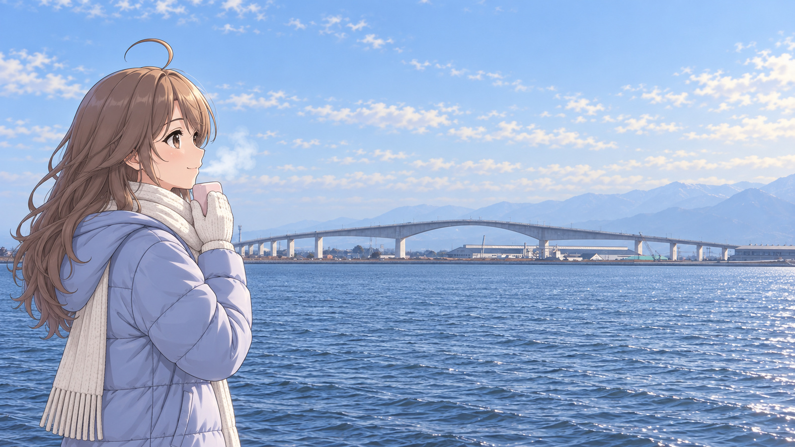 A woman watches Eshima Ohashi Bridge curve over Lake Nakaumi in winter, holding a hand warmer to her cheek
