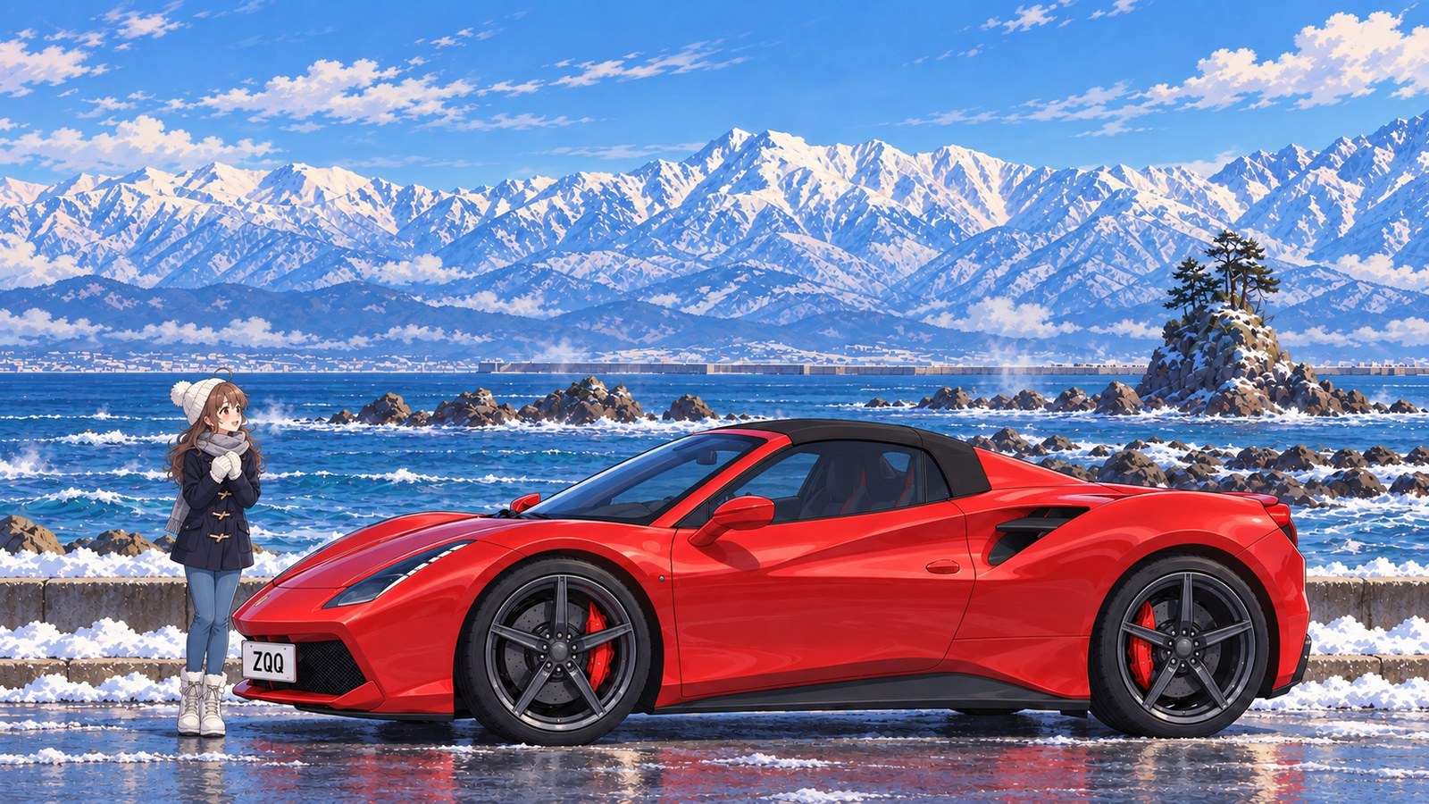 A woman stands on Amaharashi Coast with her arms wrapped around herself, gazing out at the sea. Her red car is parked with the roof up, and the snow-covered Tateyama Range stretches beyond Onna-iwa Rock.