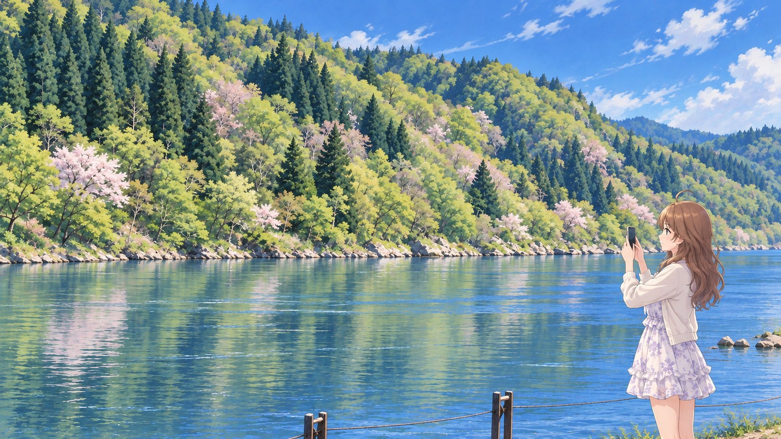 Across the river, wild cherry blossoms dot Mogami Gorge. A woman in an ivory cardigan and a pale lavender floral dress holds her smartphone vertically in both hands, framing a shot.