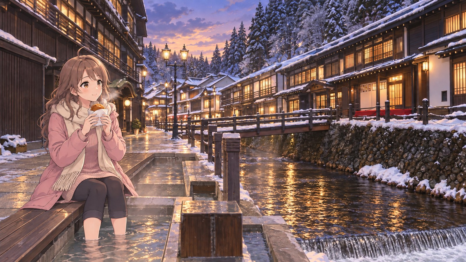 The narrator sits at a riverside footbath in snowy Ginzan Onsen, her feet soaking in the water as she eats hot curry bread, with gas lamps and wooden inns behind her and her breath visible in the cold.