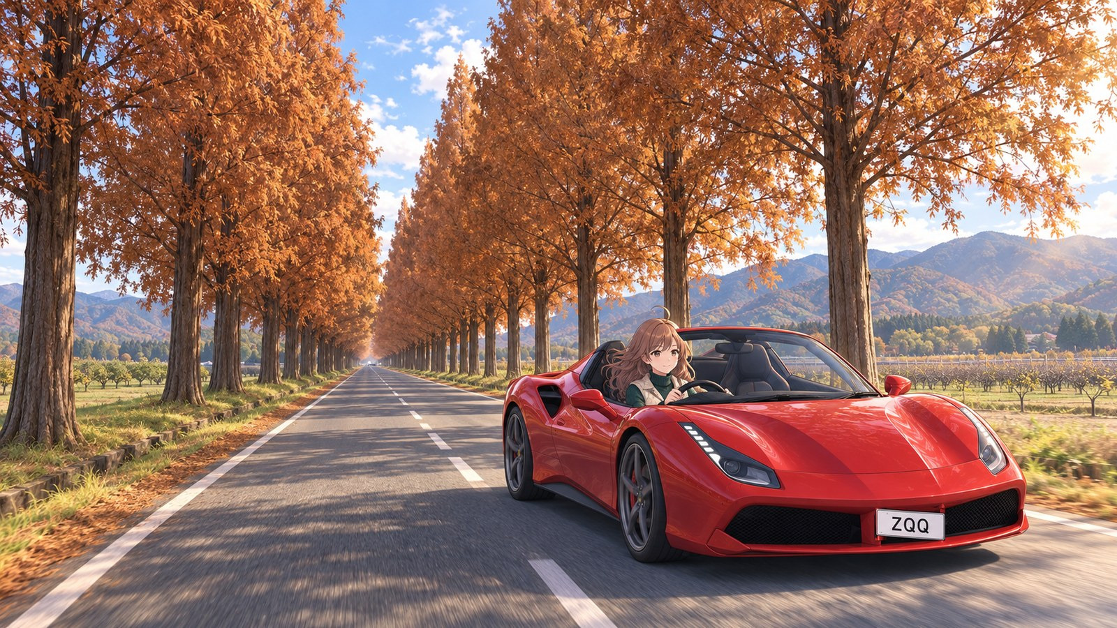 A woman in a red convertible drives along a road lined with autumn metasequoias, looking ahead with her hands on the wheel