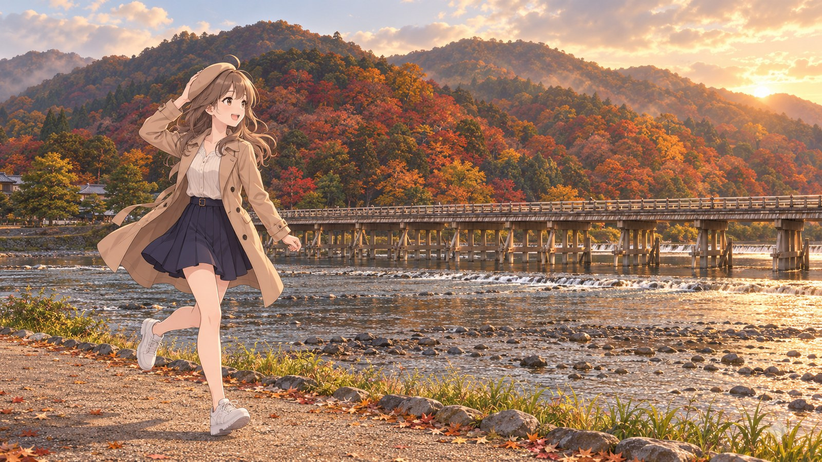 In the evening, the narrator hurries along a riverside path toward Togetsukyo Bridge, holding onto her beret, with the autumn leaves of Arashiyama in the distance.