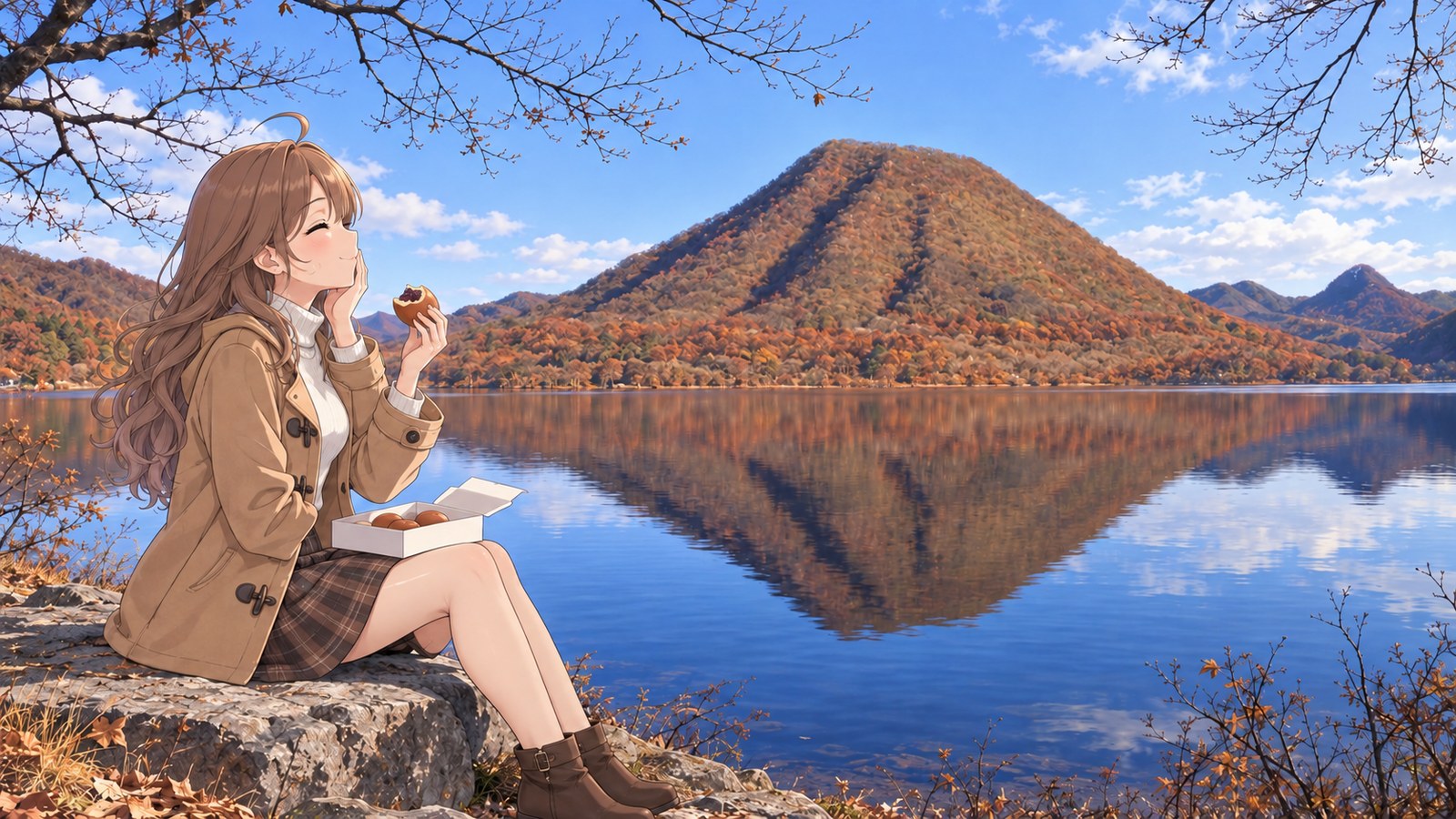 A woman holds a manju and rests one hand against her cheek by Lake Haruna in autumn; Haruna Fuji is reflected on the water.