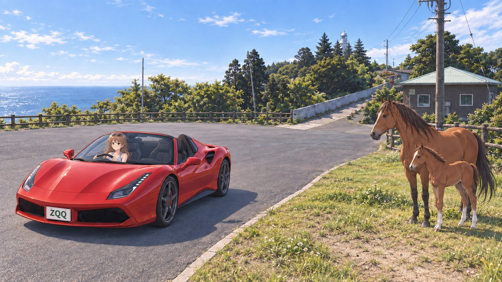 A woman in a red convertible on the road at Toi Cape, with an adult Misaki horse and foal standing in the grass and the lighthouse peeking through trees in the distance