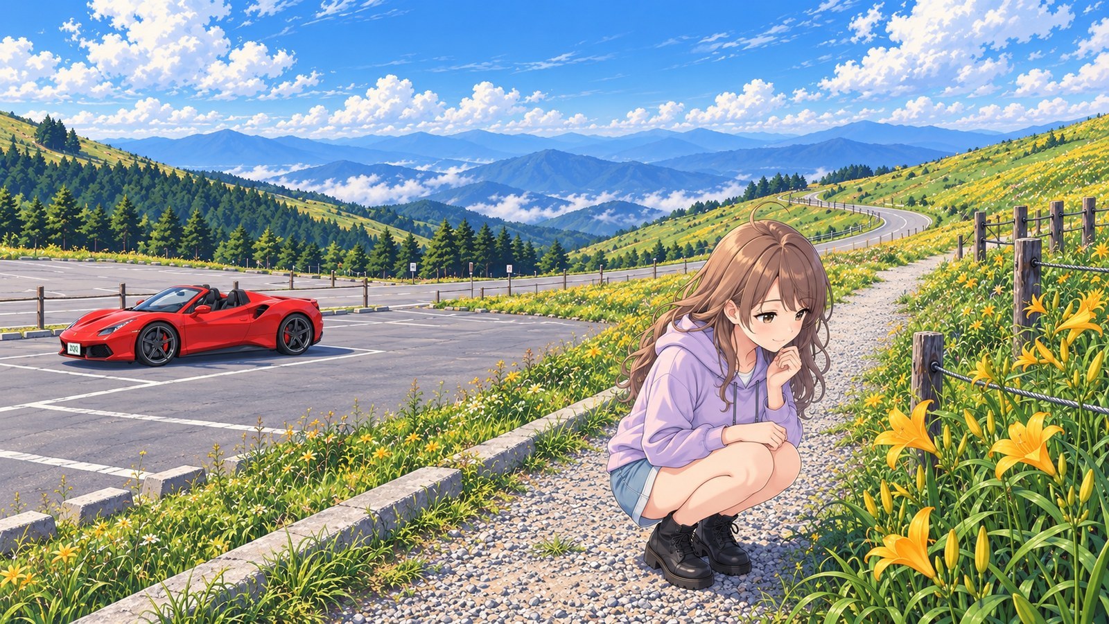 A woman looking at Nikko daylilies from outside the fence at Kurumayama Shoulder in Kirigamine, with her red convertible in the car park.