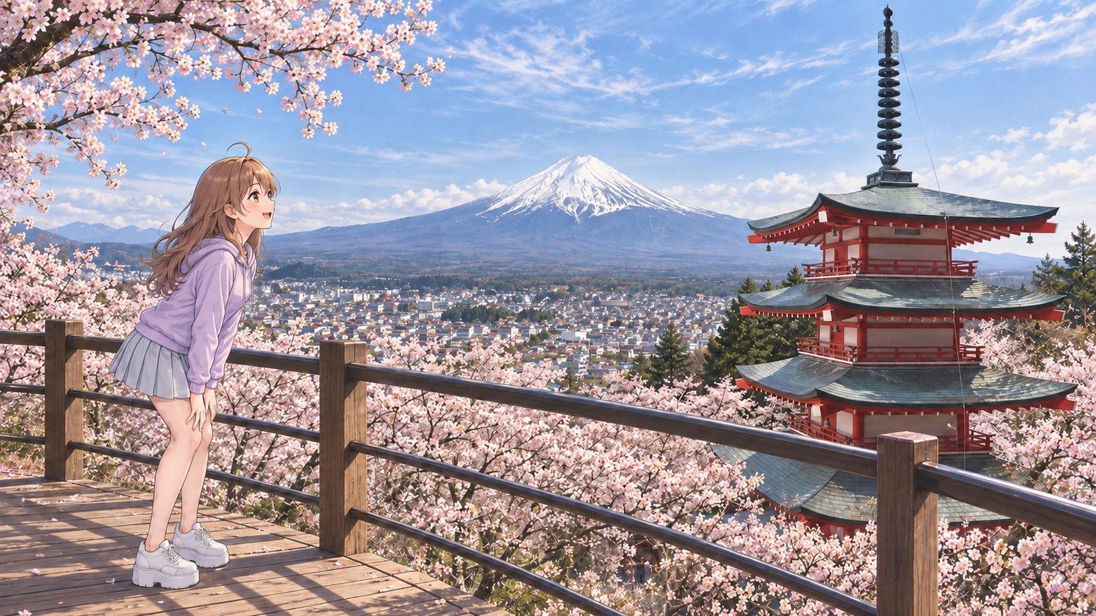 In spring, at the observation deck in Arakurayama Sengen Park, a woman looks up with both hands on her knees; cherry blossoms, the five-story Chureito Pagoda, and snow-capped Mount Fuji are in view