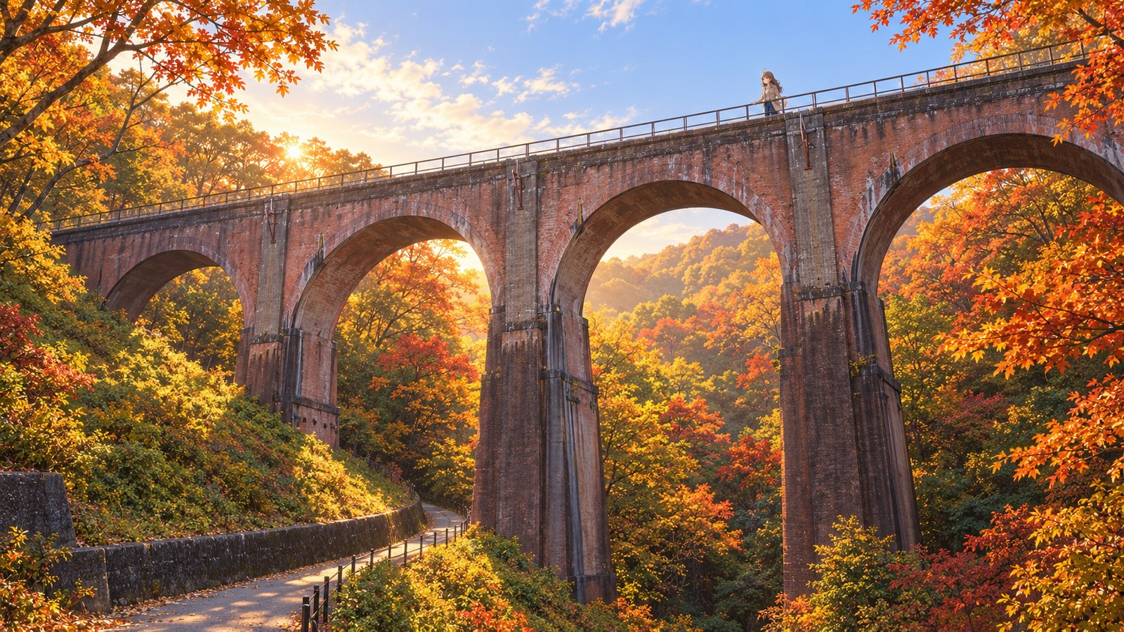 Megane Bridge, a four-span brick arch framed by autumn leaves. A small figure stands at the bridge railing, gazing out over the valley.