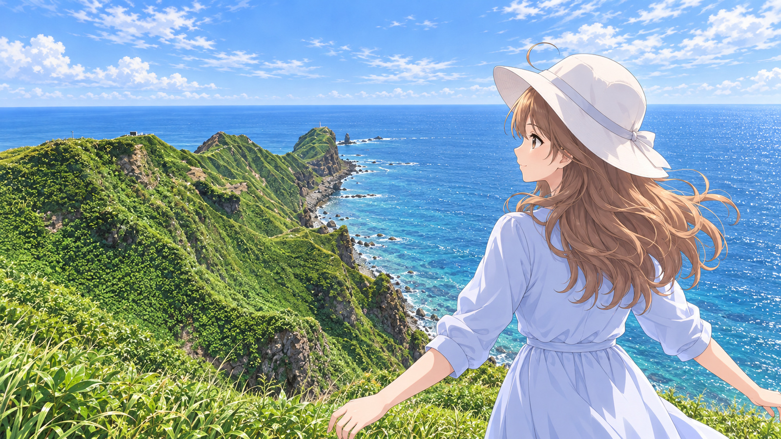 The heroine, shown from the waist up, wears a white hat and gazes out at the sea at Cape Kamui with her arms slightly outstretched. The cape, lighthouse, and Kamui Rock are visible behind her.