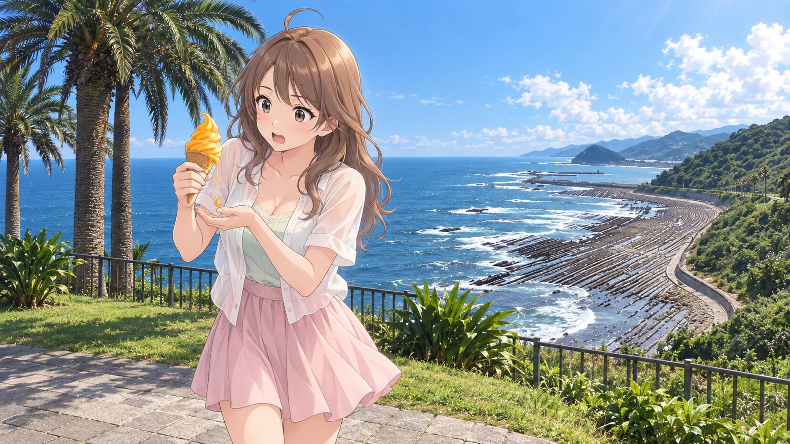 A woman holding her mango soft serve as it starts to melt, with the sea and Devil’s Washboard at Horikiri Pass in the background