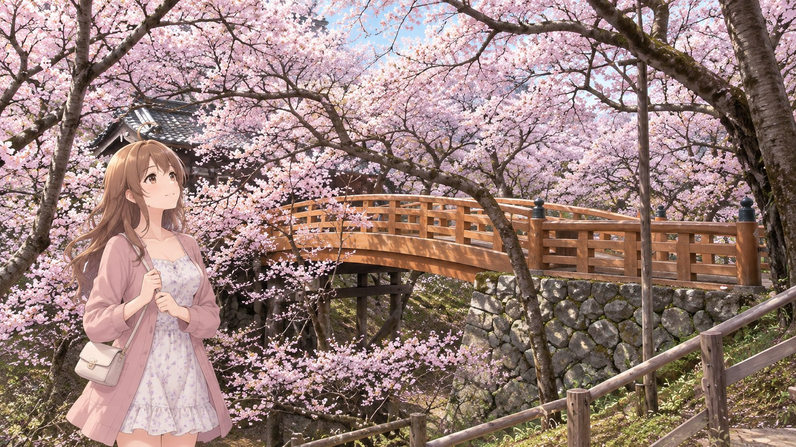 A woman at Takato Castle Ruins Park in spring, clutching both straps of her bag as she looks up at the cherry blossoms. Ōunbashi's wooden railing and stone abutments, with a low tiled roof and a canopy of blossoms in the distance.