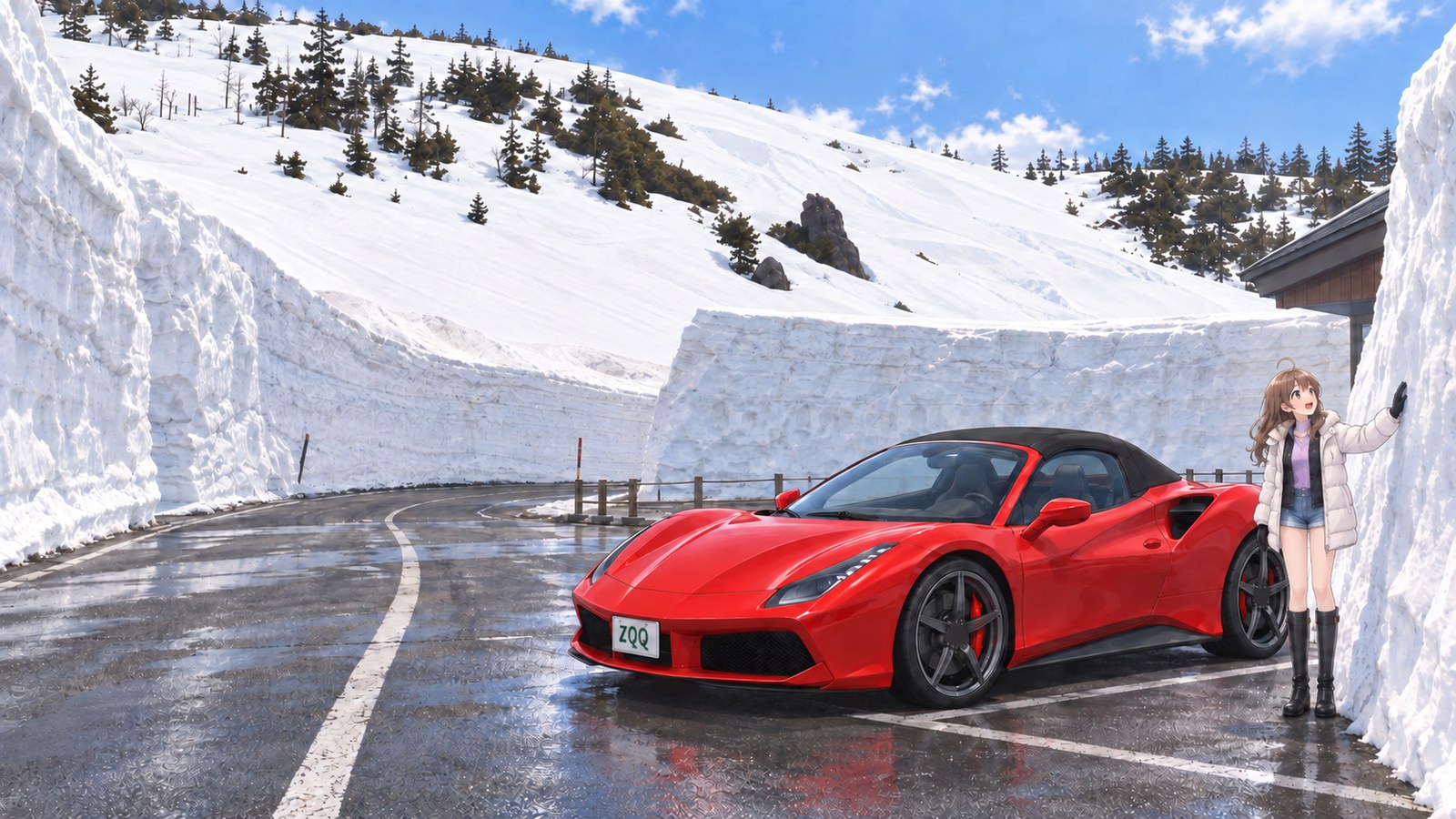 At the Mikaeri Pass car park on the Hachimantai Aspite Line, the narrator looks up at a snow wall with one gloved hand raised toward it. Her red convertible is parked nearby.