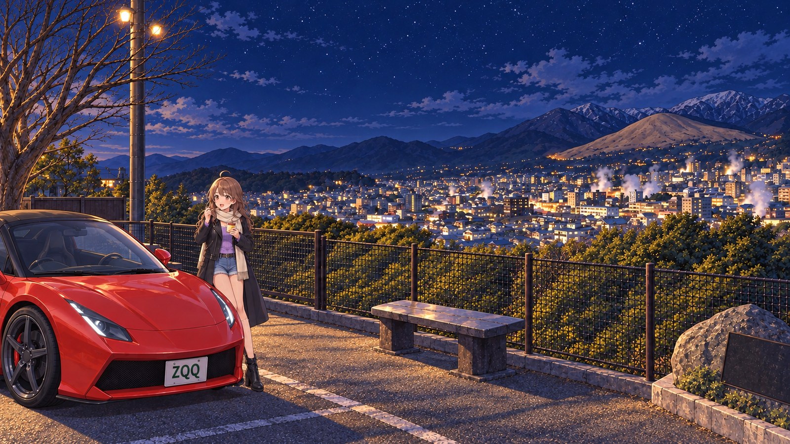The heroine enjoying Jigoku-mushi pudding with Kannawa's nighttime lights and rising steam behind her