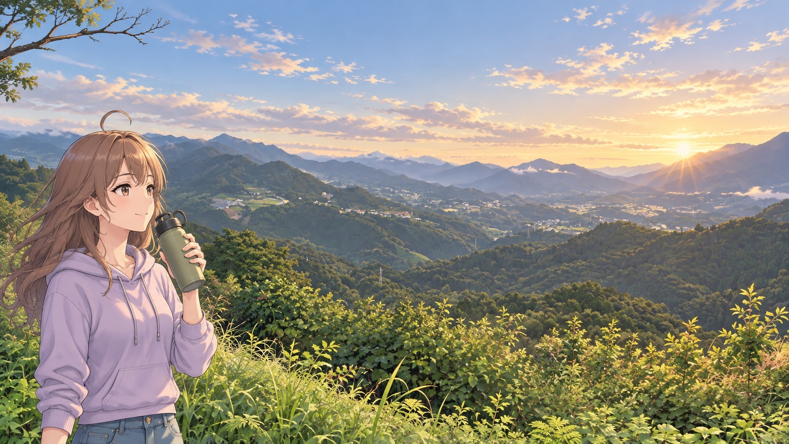 A woman lifts a water bottle to her lips as she looks out over the Takachiho Basin from Kunimigaoka Hill at summer dawn. With no sea of clouds over the town, morning light reaches the layered ridges beyond it.