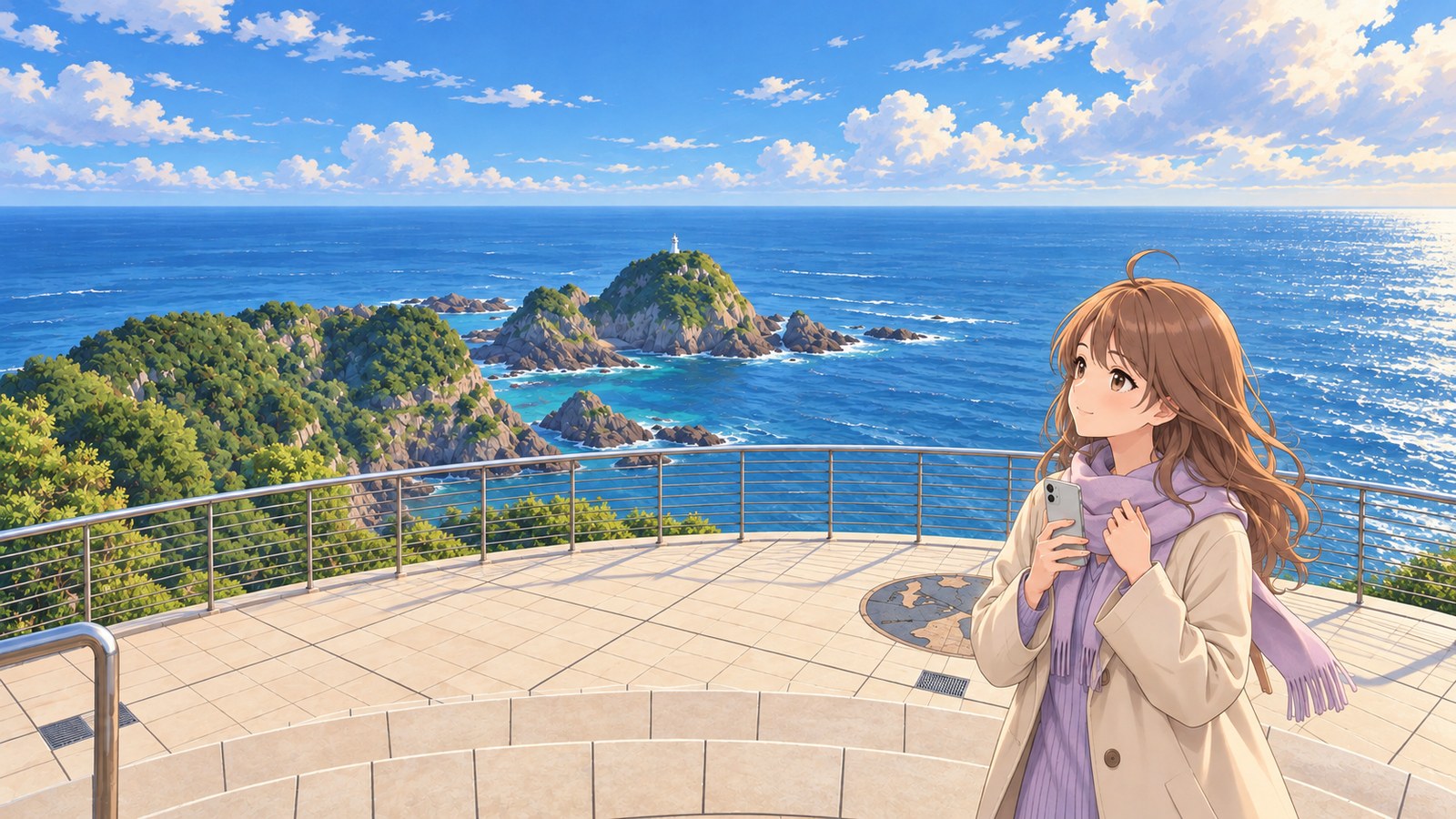 At the Cape Sata lookout in winter, a woman with a smartphone and scarf looks out at the sea, where small whitecaps and Cape Sata Lighthouse are visible offshore