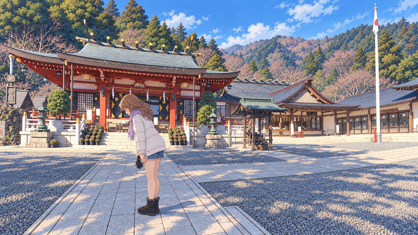 Winter at the Lower Shrine of Oyama Afuri Shrine. In front of the worship hall, backed by a clear sky, bare trees and evergreen forest, a woman in a white padded coat, lavender hoodie and scarf, denim shorts, black tights and winter boots stands with both feet on the middle of the stone path. She holds her gloves together in one hand, keeps her phone lowered and bows slightly.