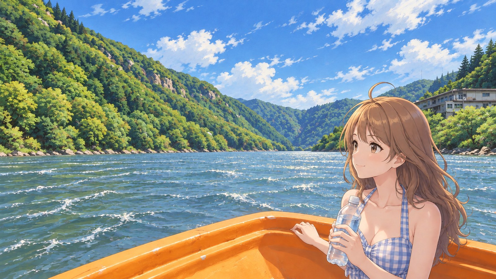 A boat with orange trim glides through the fresh greenery of Mogami Gorge. Inside, a woman in a pale blue gingham top holds a water bottle in one hand and rests the other on the side of the boat as she looks ahead along the river.