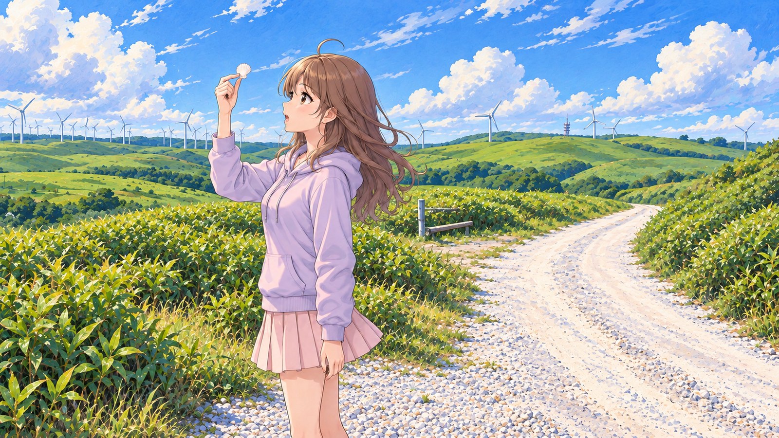 A woman on the White Road, which is paved with scallop shells, holds a shell fragment up to the sky with a look of surprise. Grassy hills and wind turbines are visible in the distance