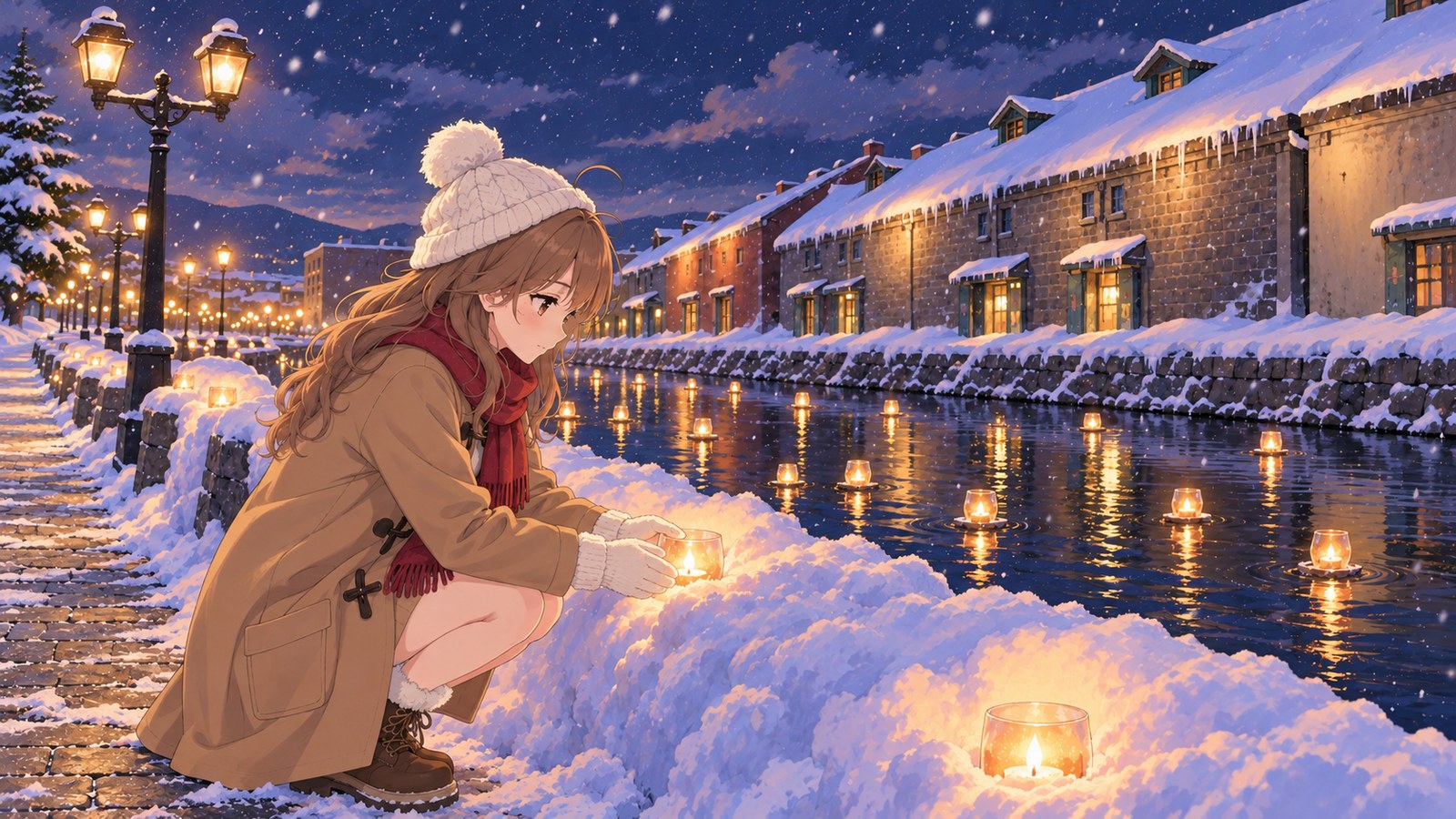 A woman gently placing a candle in a hollow in the snow beside Otaru Canal, with stone warehouses and gas lamps in the distance