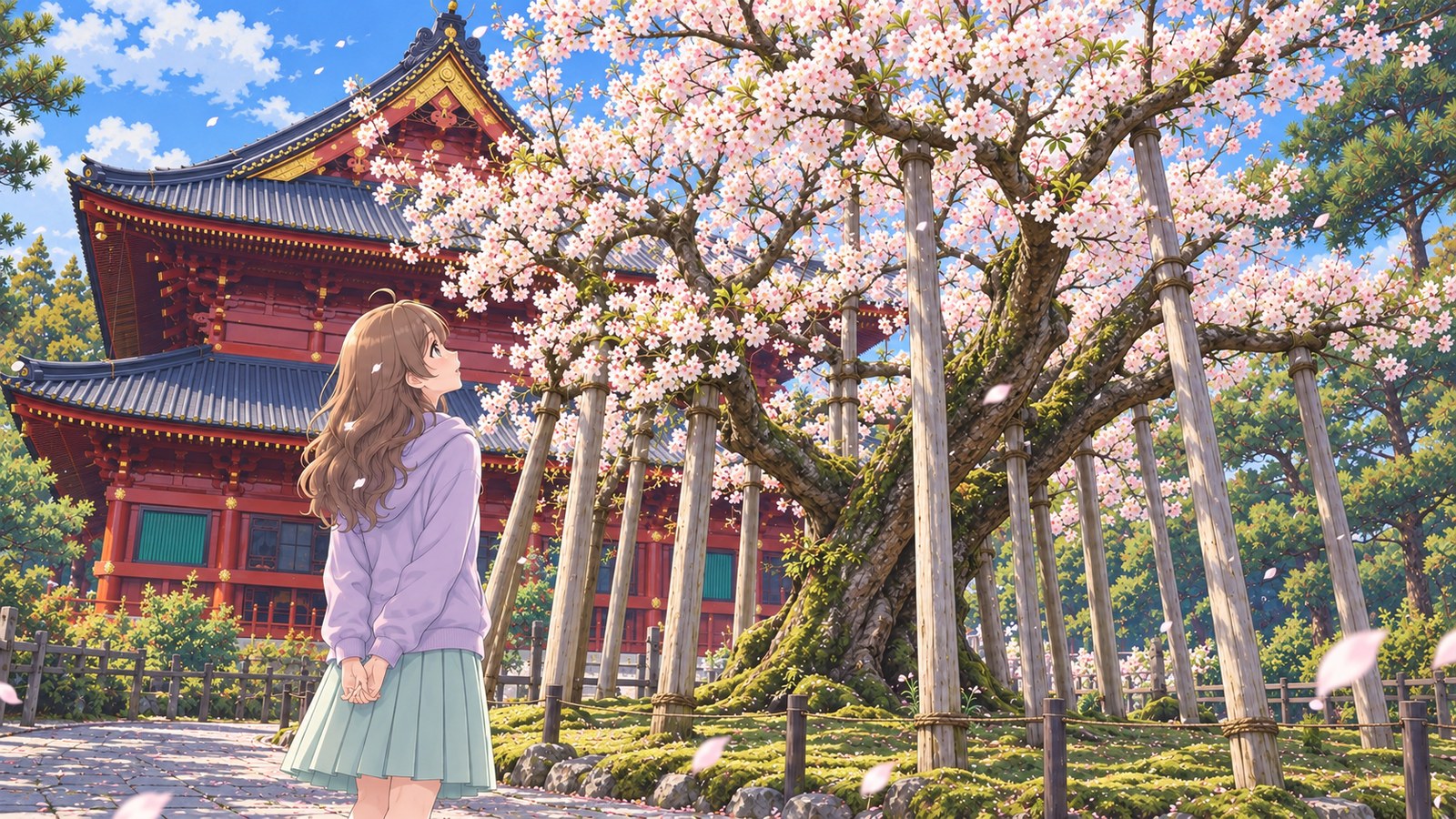 Seen from behind, the narrator stands with her hands clasped behind her back, looking up at the white blossoms of the Kongo Cherry at Rinnoji Temple.
