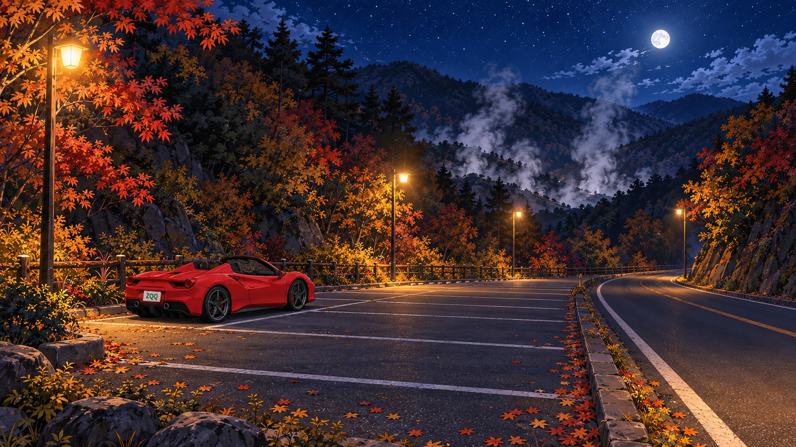 10月の夜、紅葉した森の斜面にはさまれた、道沿いの細長い駐車場の白線の中に停めた赤いオープンカー。街灯の明かりと、森の向こうで月明かりに白く浮かぶ湯けむり、星空