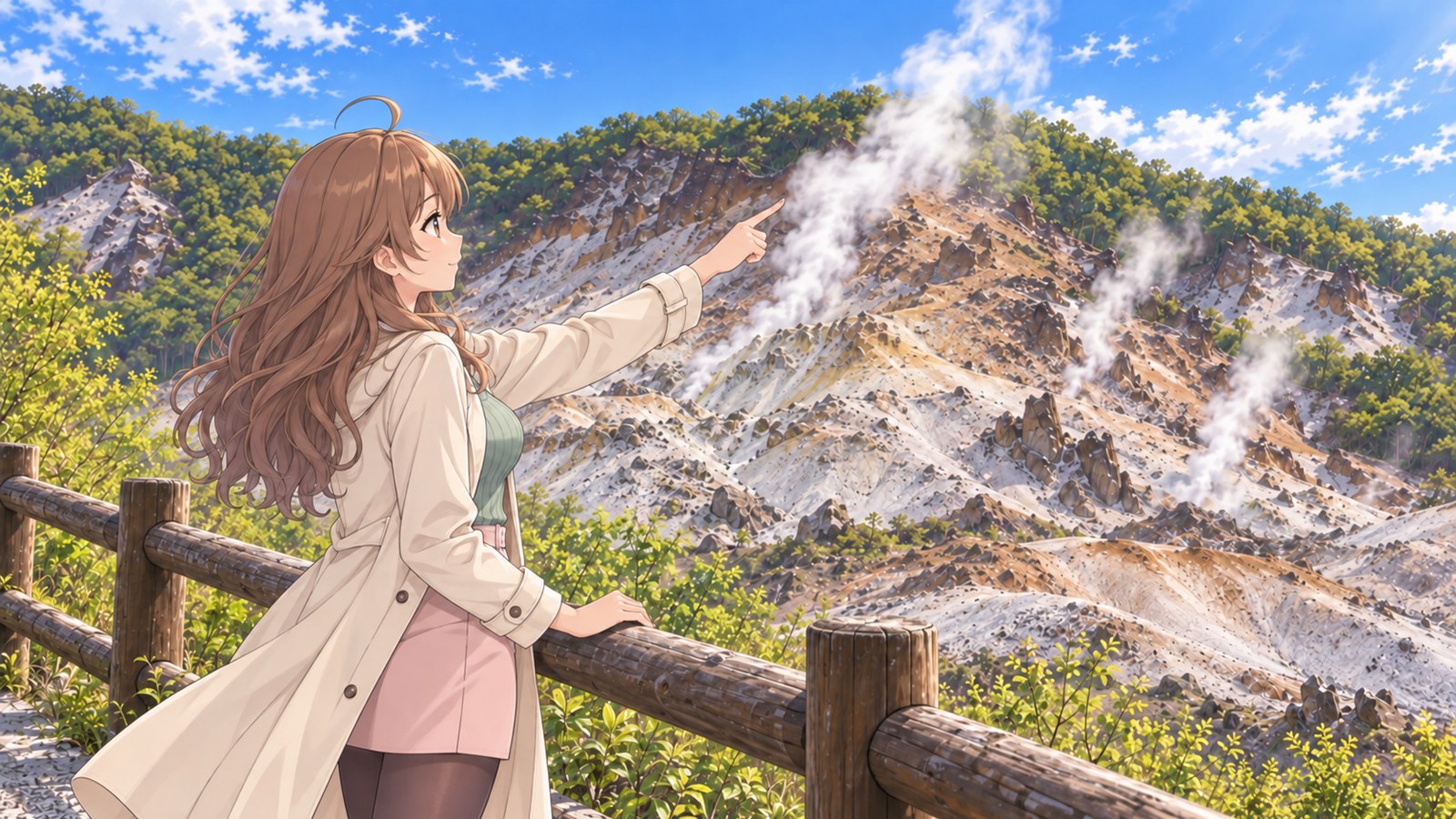 春の登別地獄谷。丸太の柵に片手をのせたクリーム色のコートとくすんだピンクのミニスカートの主人公が、岩肌から上がる白い噴気の一本を、人さし指で空へたどる。奥に緑の森と青空